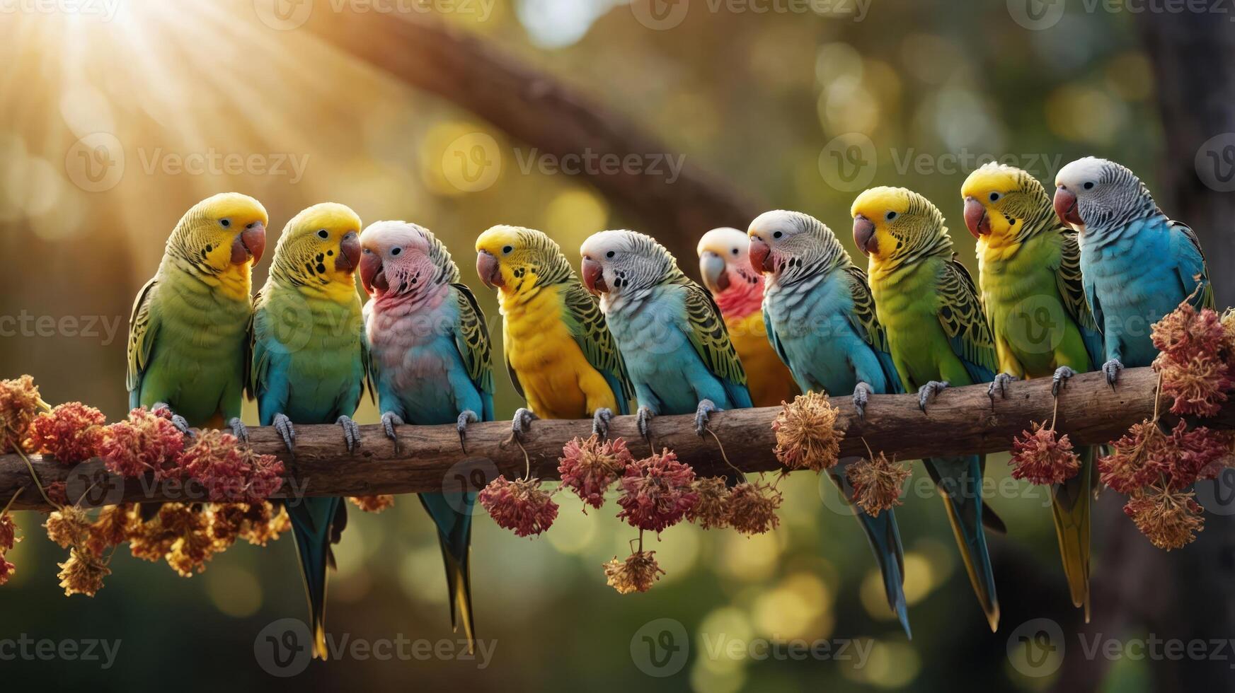 A vibrant gathering of colorful budgerigars perched on a branch in natural sunlight. photo