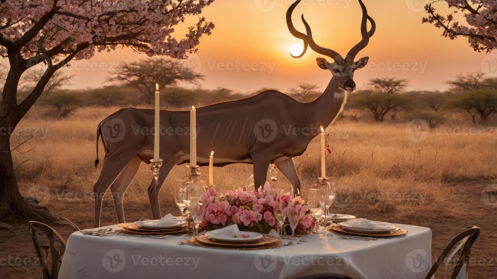 A serene outdoor dining setup with an antelope and sunset in a natural landscape. photo