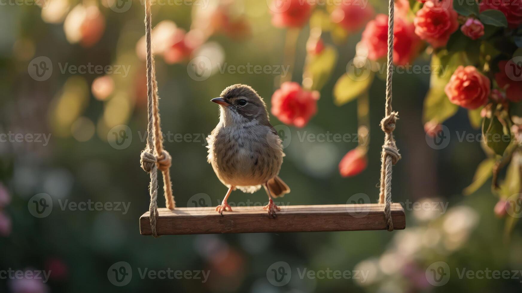 A small bird perched on a wooden swing amidst blooming flowers in a serene garden. photo