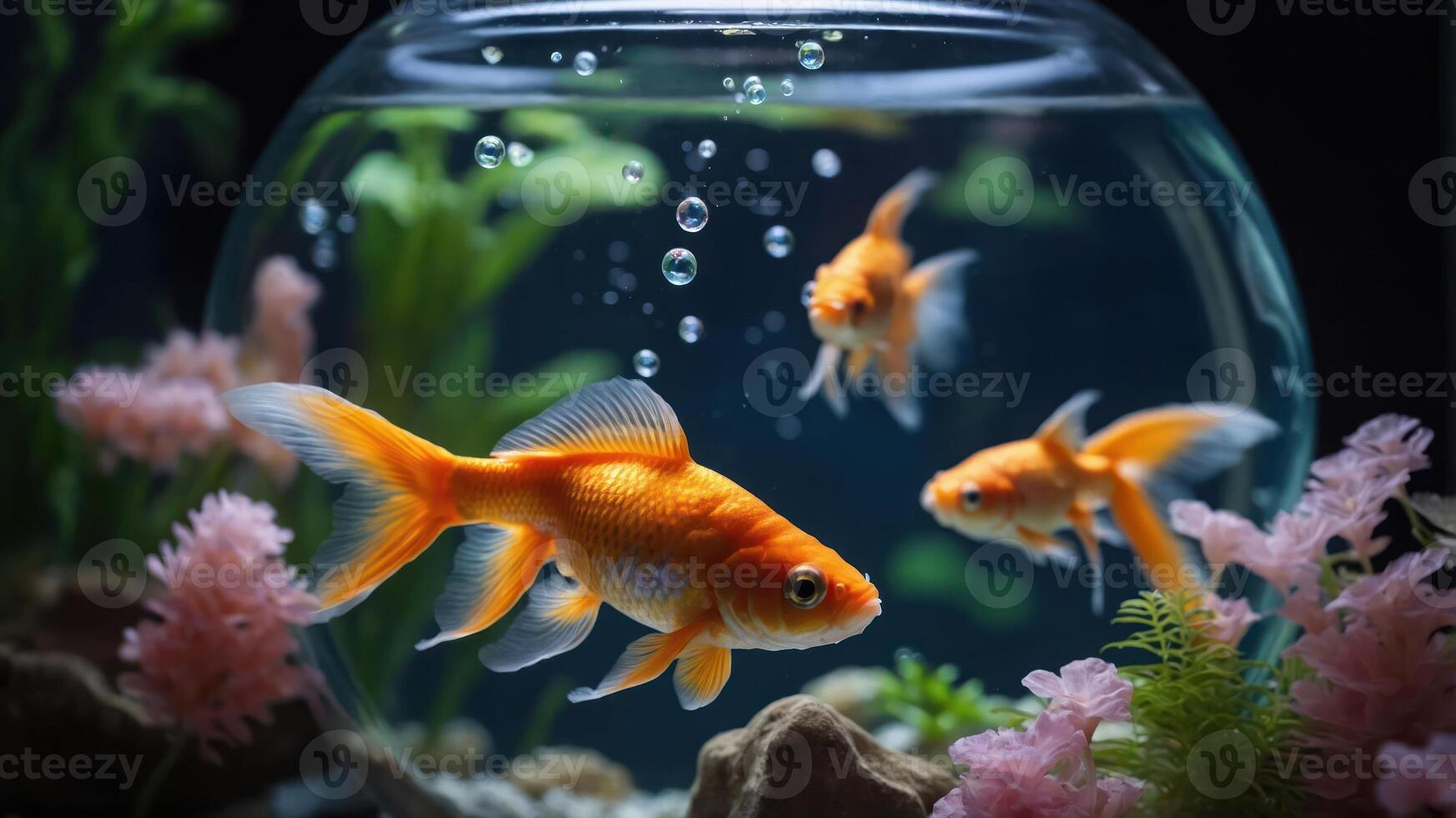A vibrant aquarium scene featuring goldfish swimming among aquatic plants and bubbles. photo