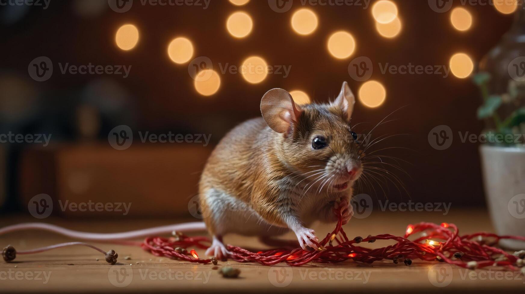 A cute mouse interacts with red string lights, creating a cozy, festive atmosphere. photo