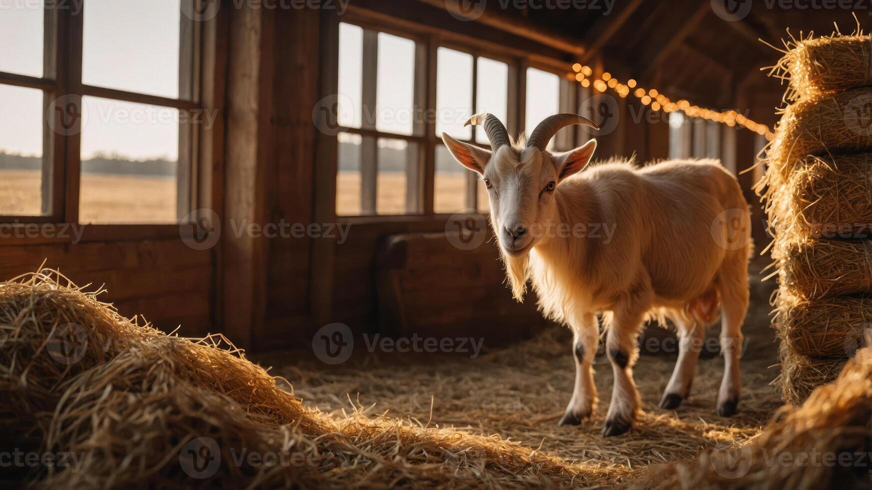 A goat stands in a rustic barn filled with hay, illuminated by warm sunlight through windows. photo