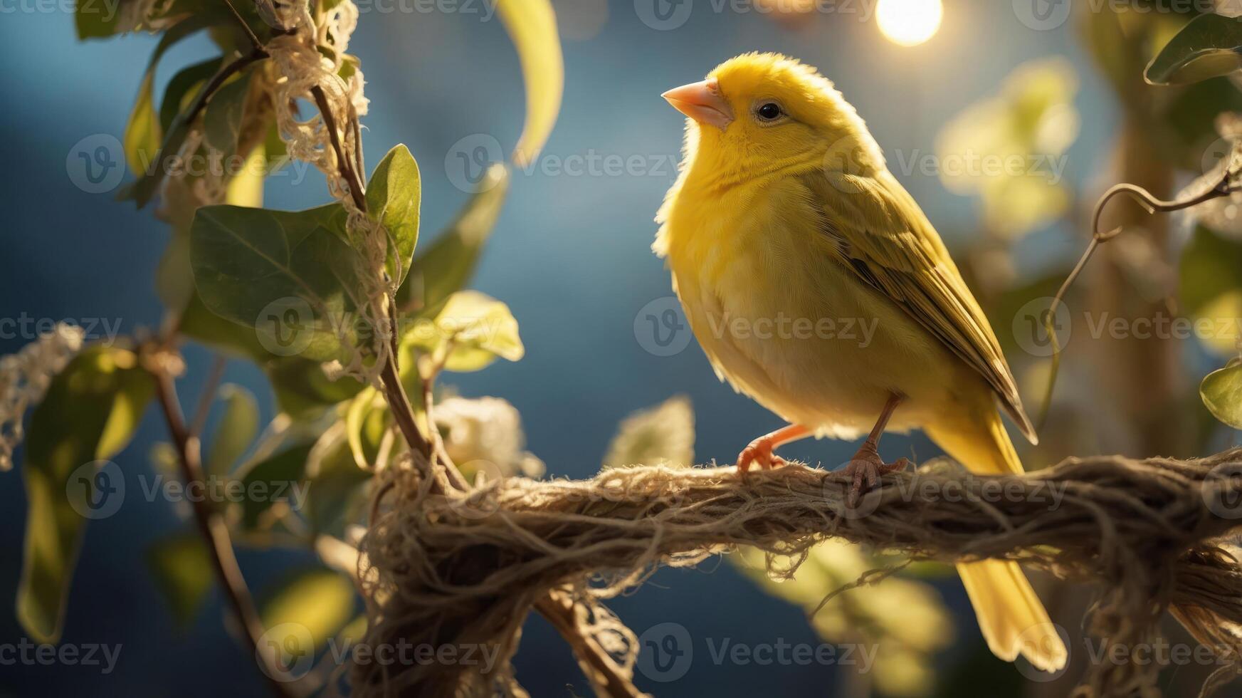 A vibrant yellow bird perched on a branch surrounded by greenery and soft lighting. photo