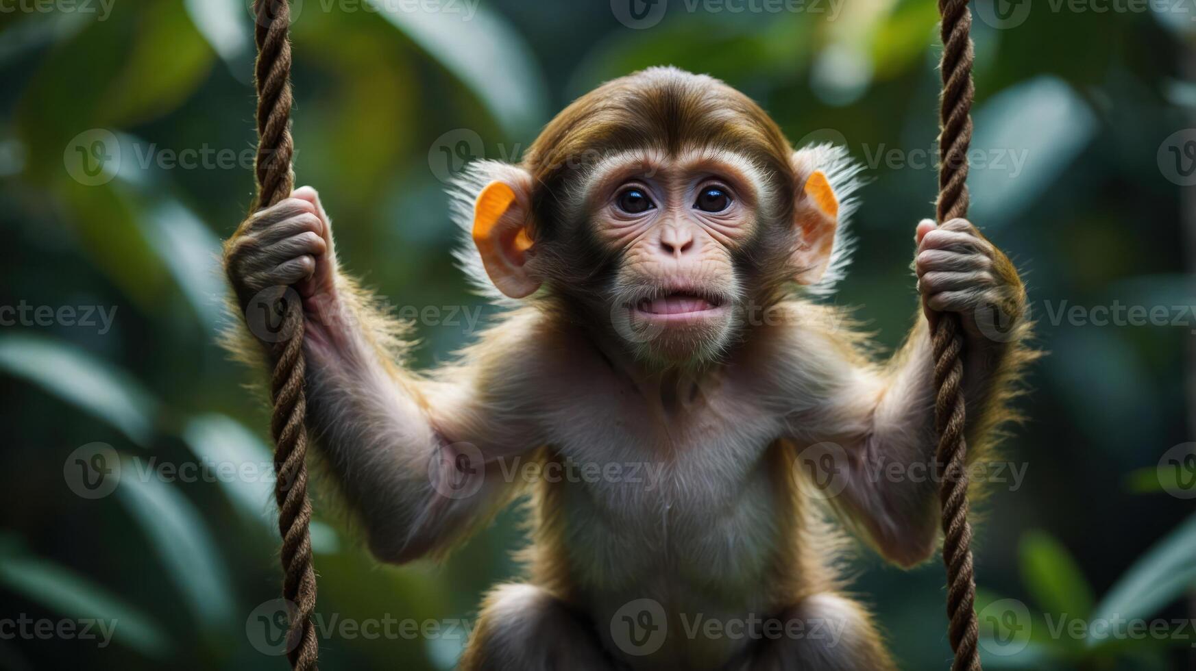 A young monkey swings on a rope, surrounded by lush greenery. photo