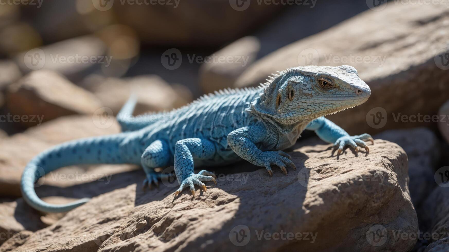 A blue lizard resting on a rock in a natural setting. photo