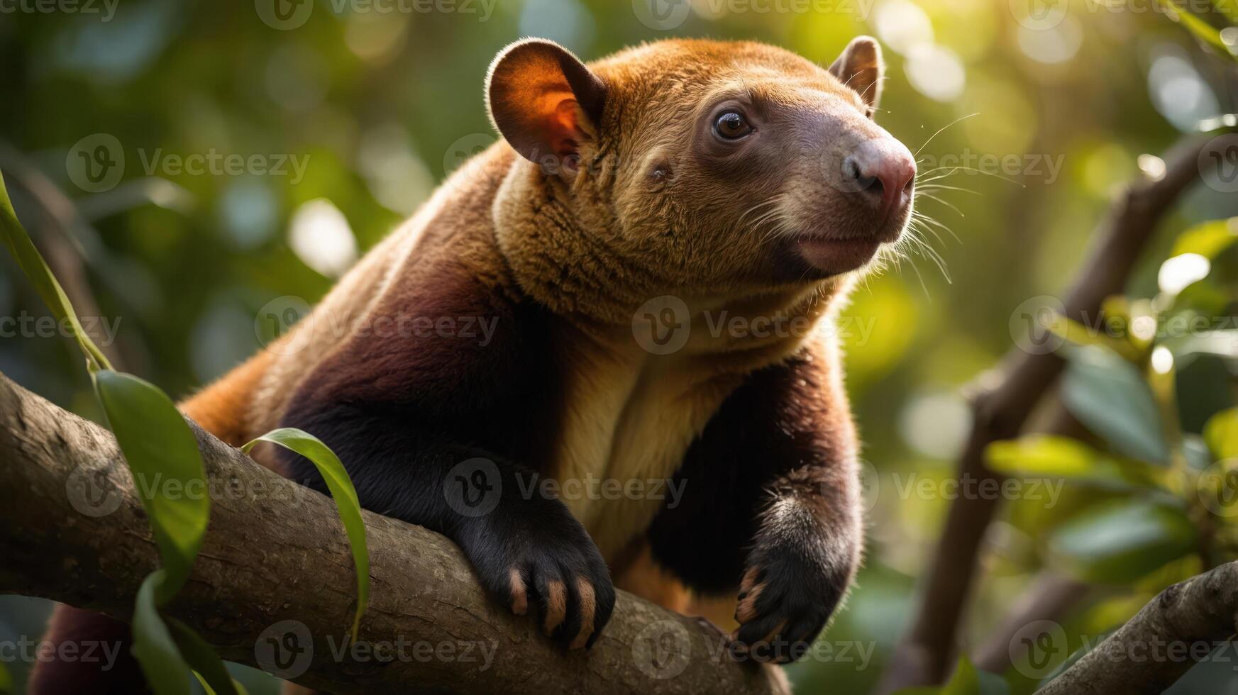 A close-up of a tree kangaroo perched on a branch in a lush, green environment. photo