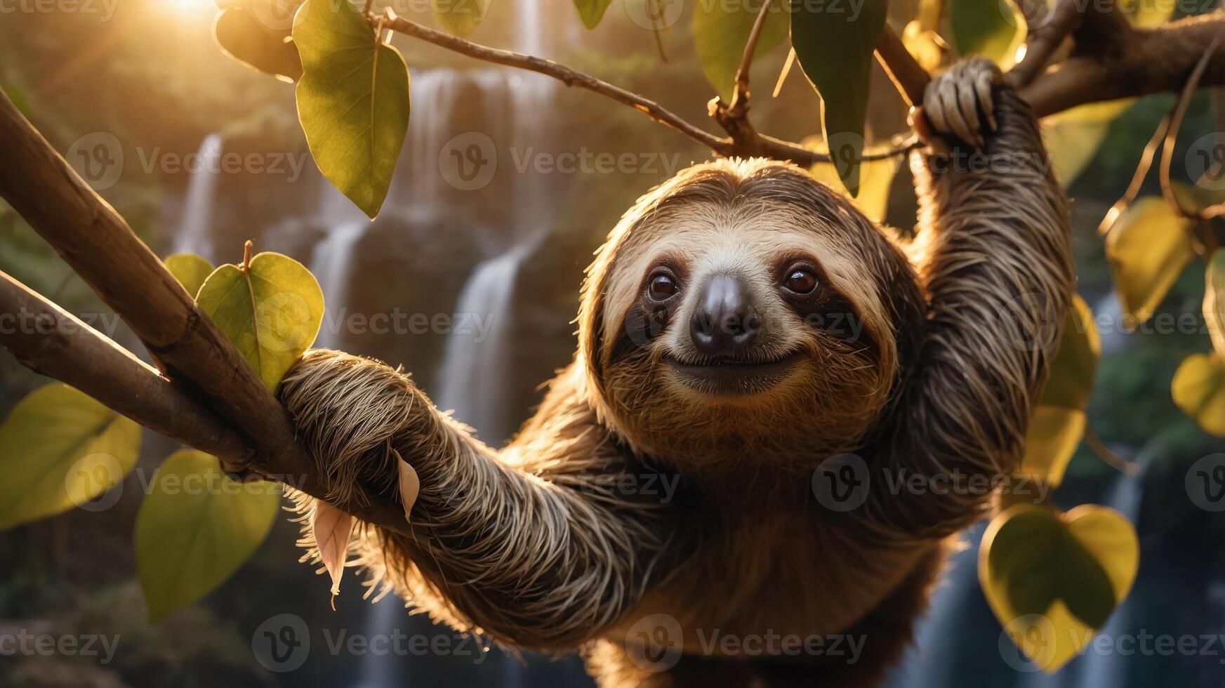 A cheerful sloth hanging from a branch near a waterfall, surrounded by lush greenery. photo