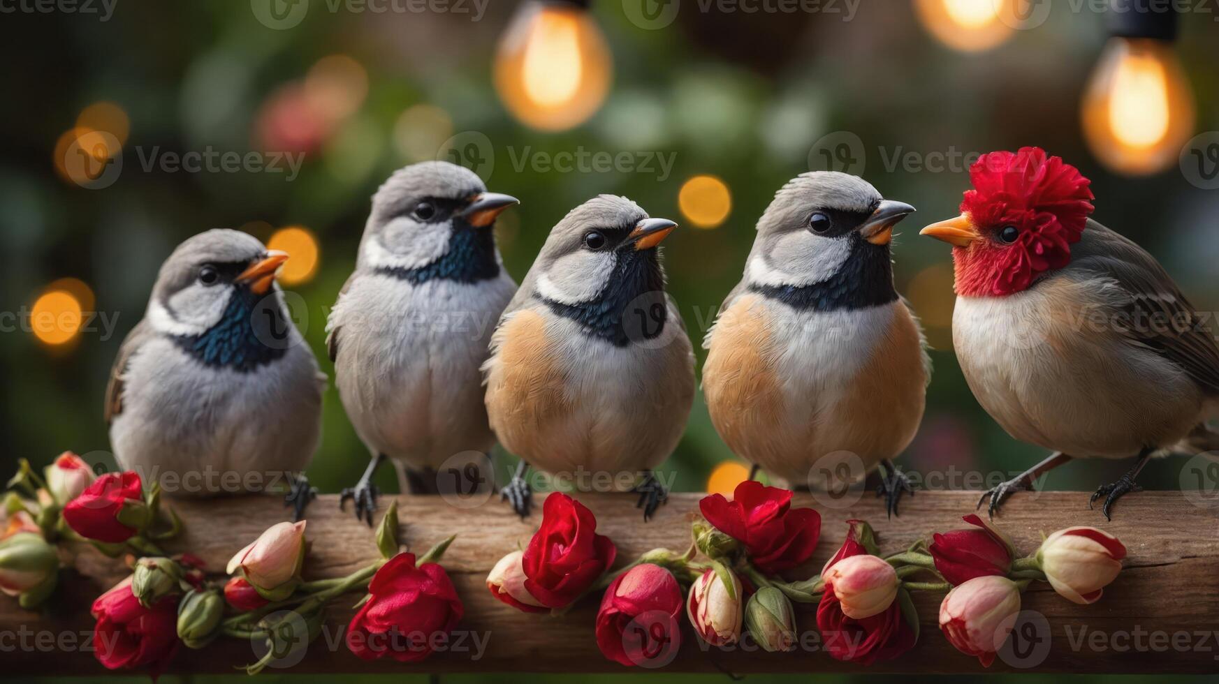 A charming scene with five birds perched on a branch surrounded by roses and warm lights. photo