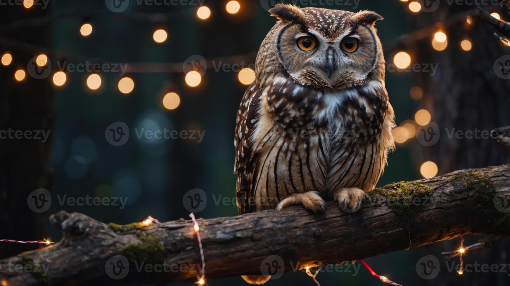 An owl perched on a branch, illuminated by soft, glowing lights in a forest setting. photo