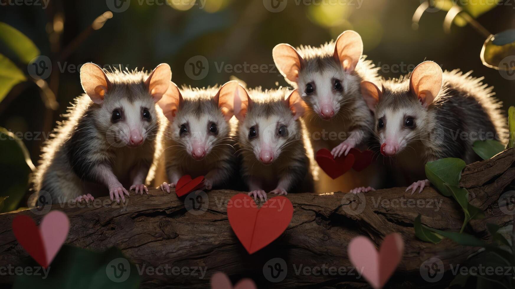 Five adorable possums holding heart cutouts in a charming, nature-filled setting. photo