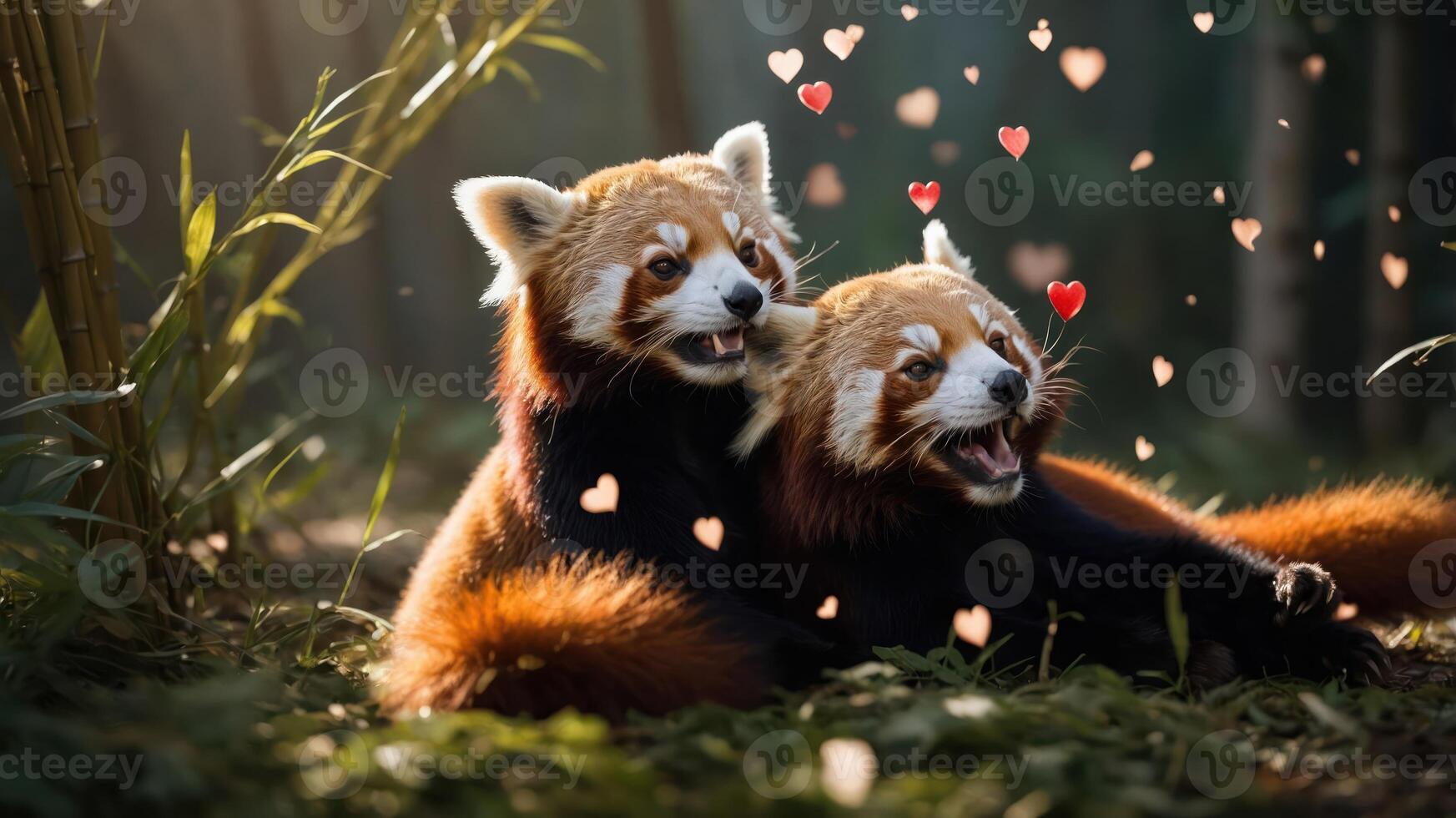 Two red pandas playfully interacting in a lush environment, surrounded by heart-shaped decorations. photo