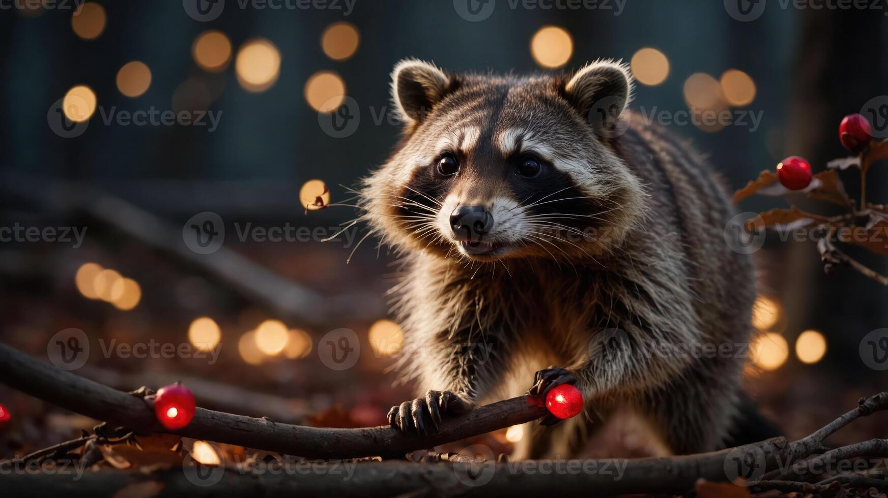 A raccoon explores a forest scene adorned with festive lights and natural elements. photo