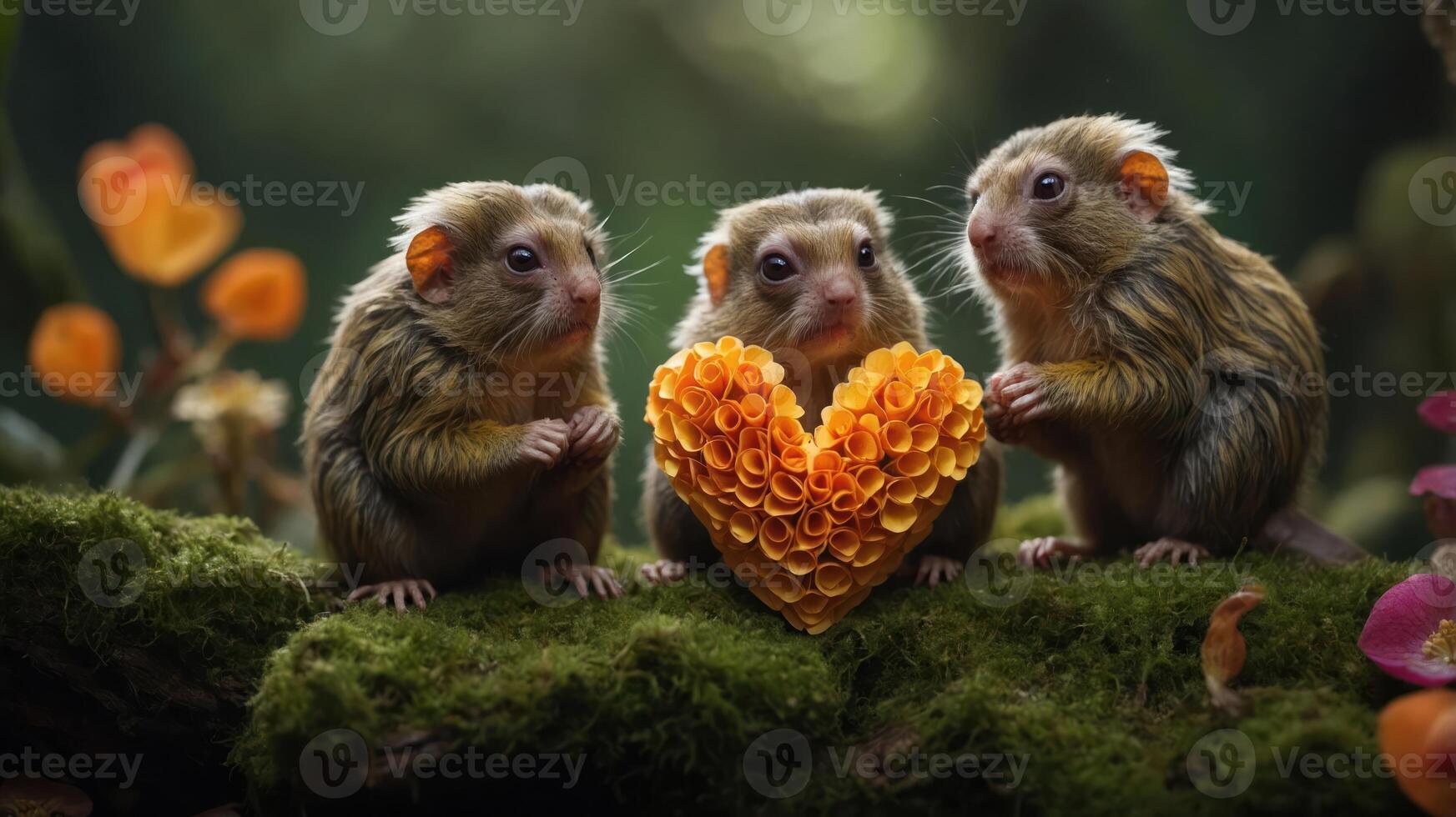Three adorable creatures holding a heart-shaped decoration in a lush, vibrant setting. photo