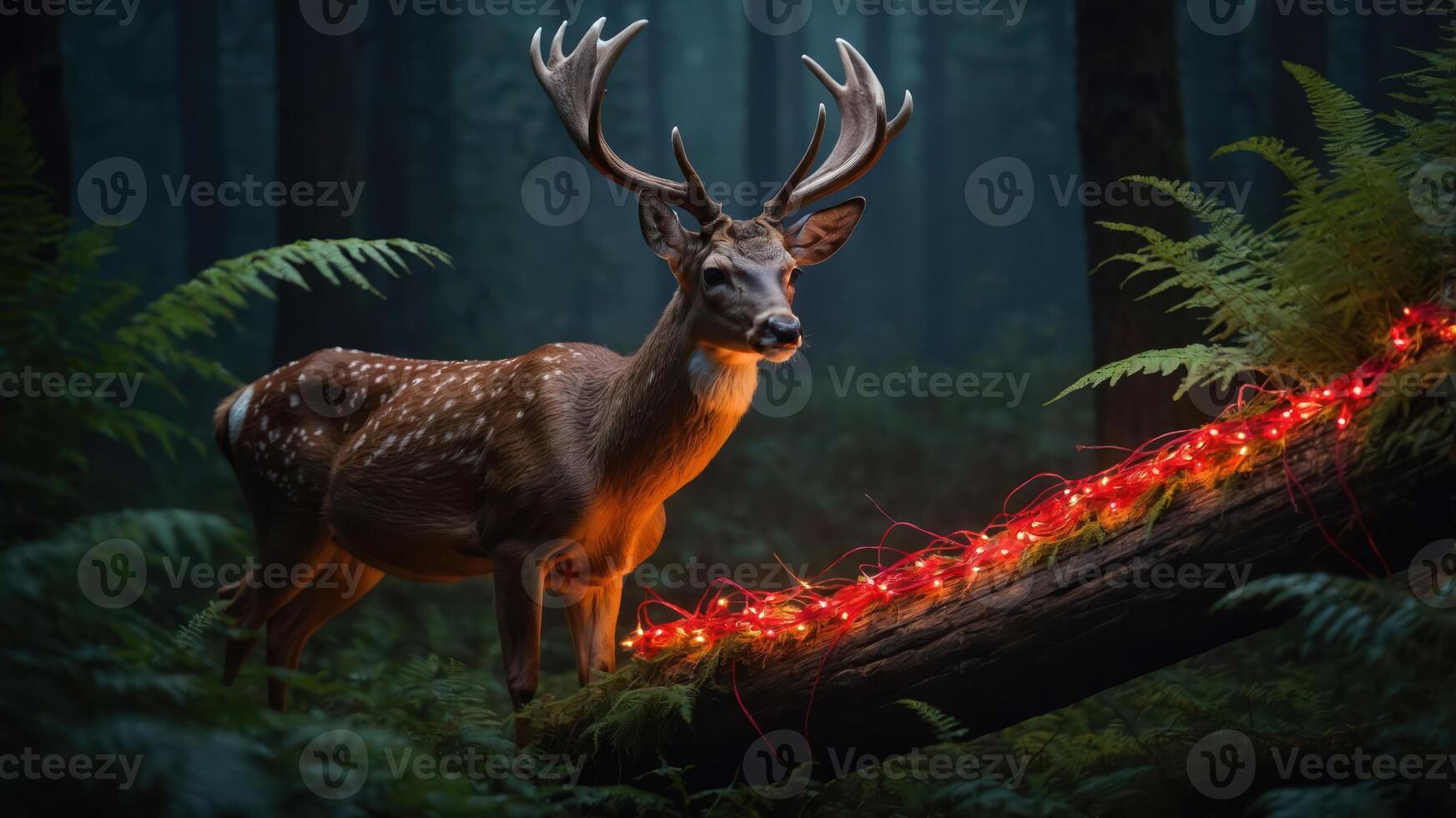 A deer stands in a misty forest, illuminated by festive red lights on a fallen log. photo