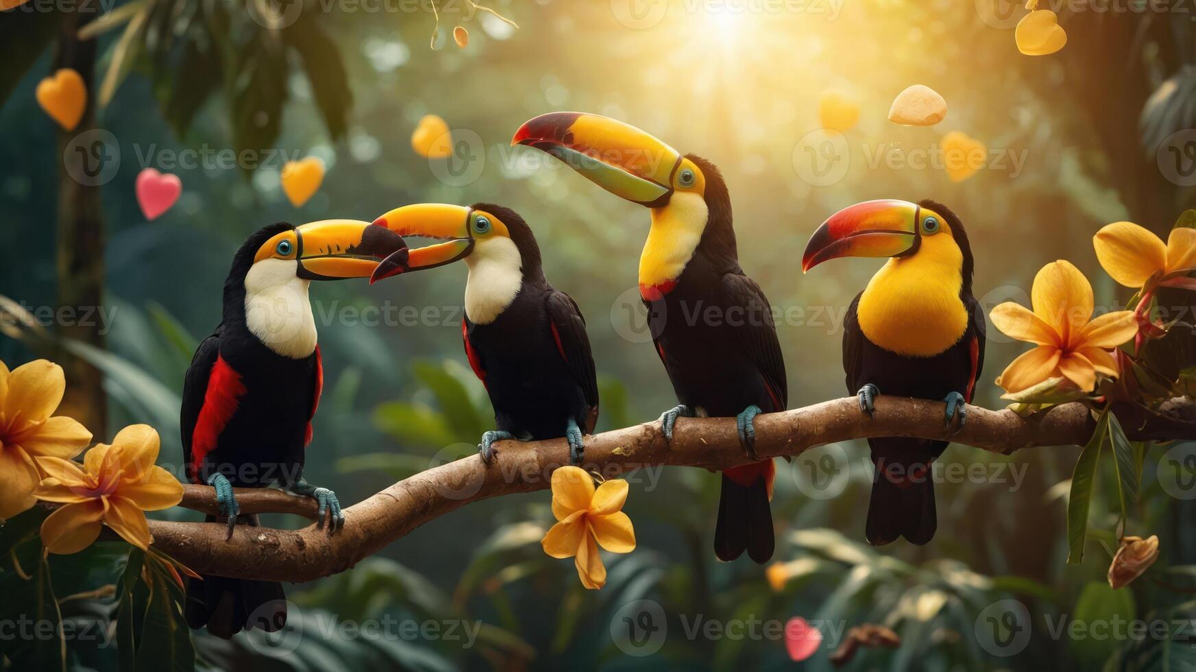 Four colorful toucans perched on a branch surrounded by tropical flowers and a warm glow. photo