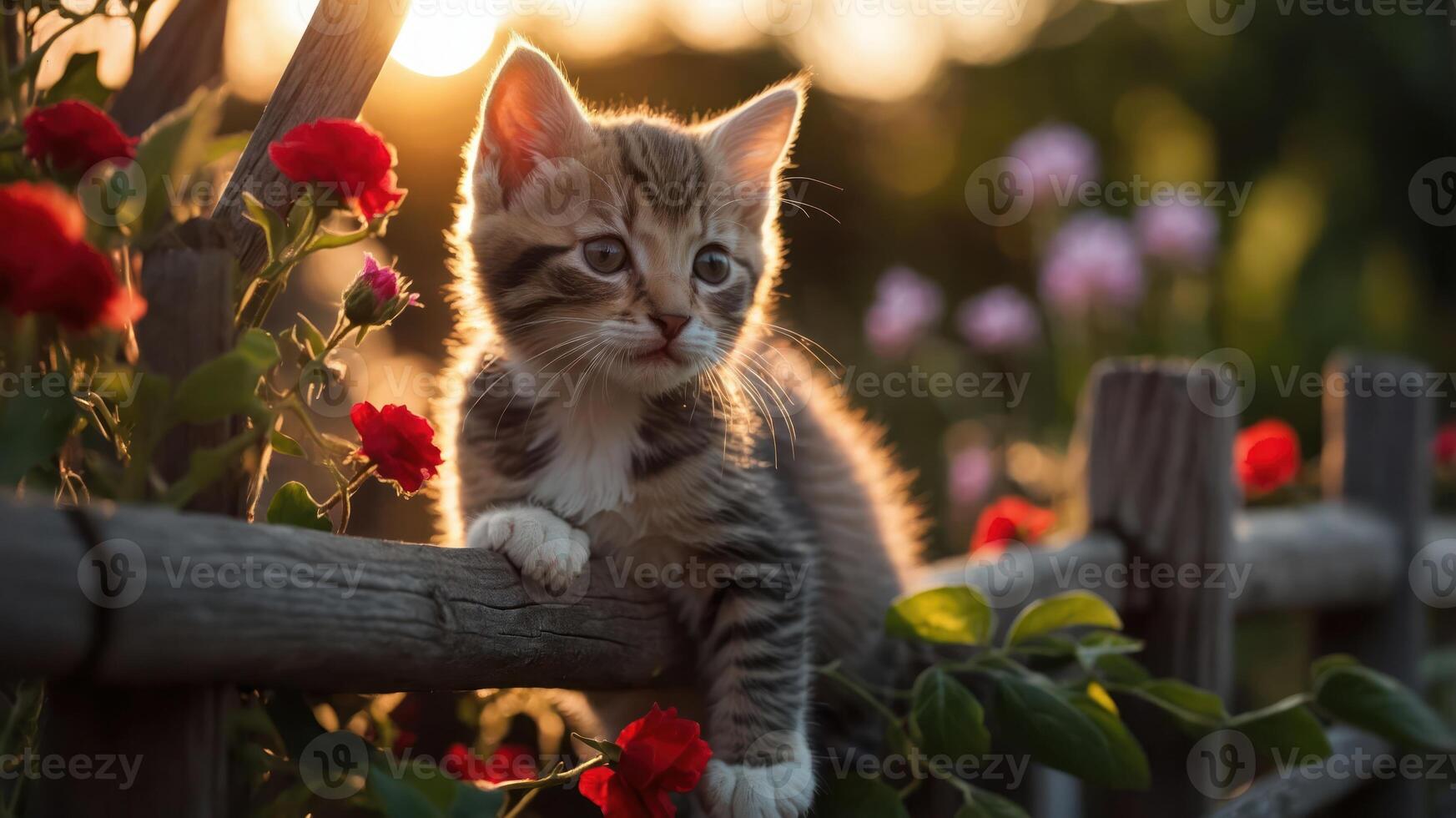 A playful kitten perched on a wooden fence surrounded by vibrant flowers at sunset. photo