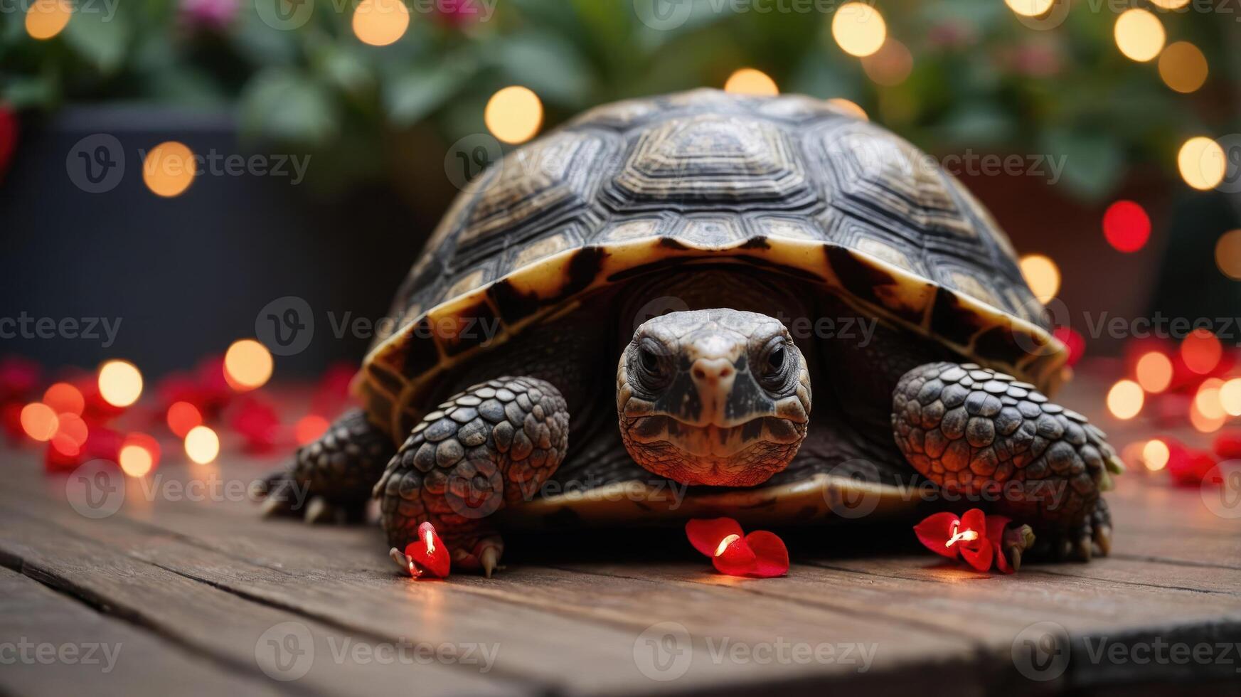 A close-up of a tortoise resting on a wooden surface with decorative lights and petals. photo