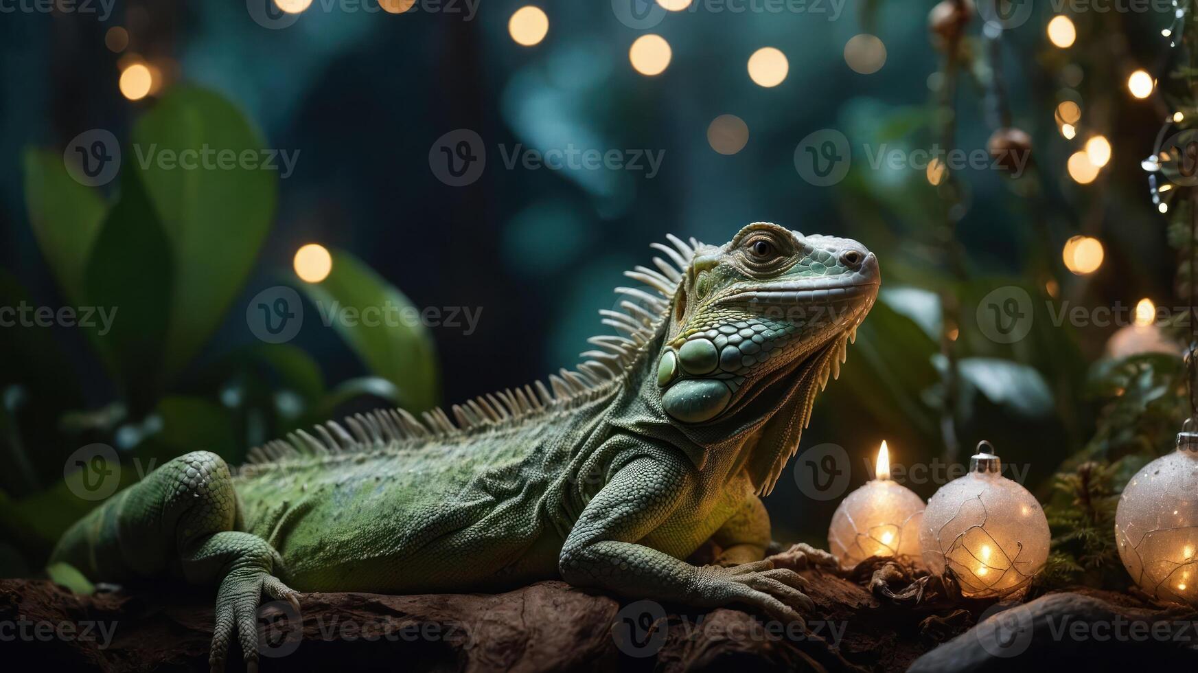 A serene iguana resting among decorative lights and ornaments in a lush setting. photo