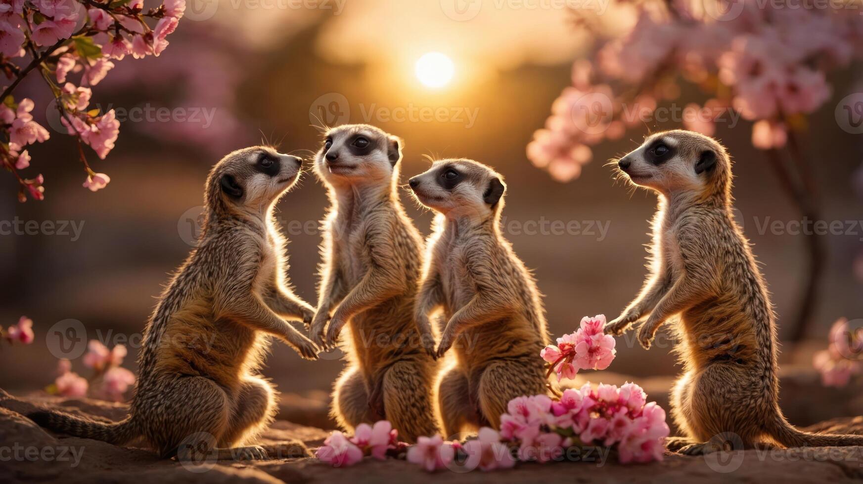 Four meerkats interacting amidst blooming flowers at sunset. photo
