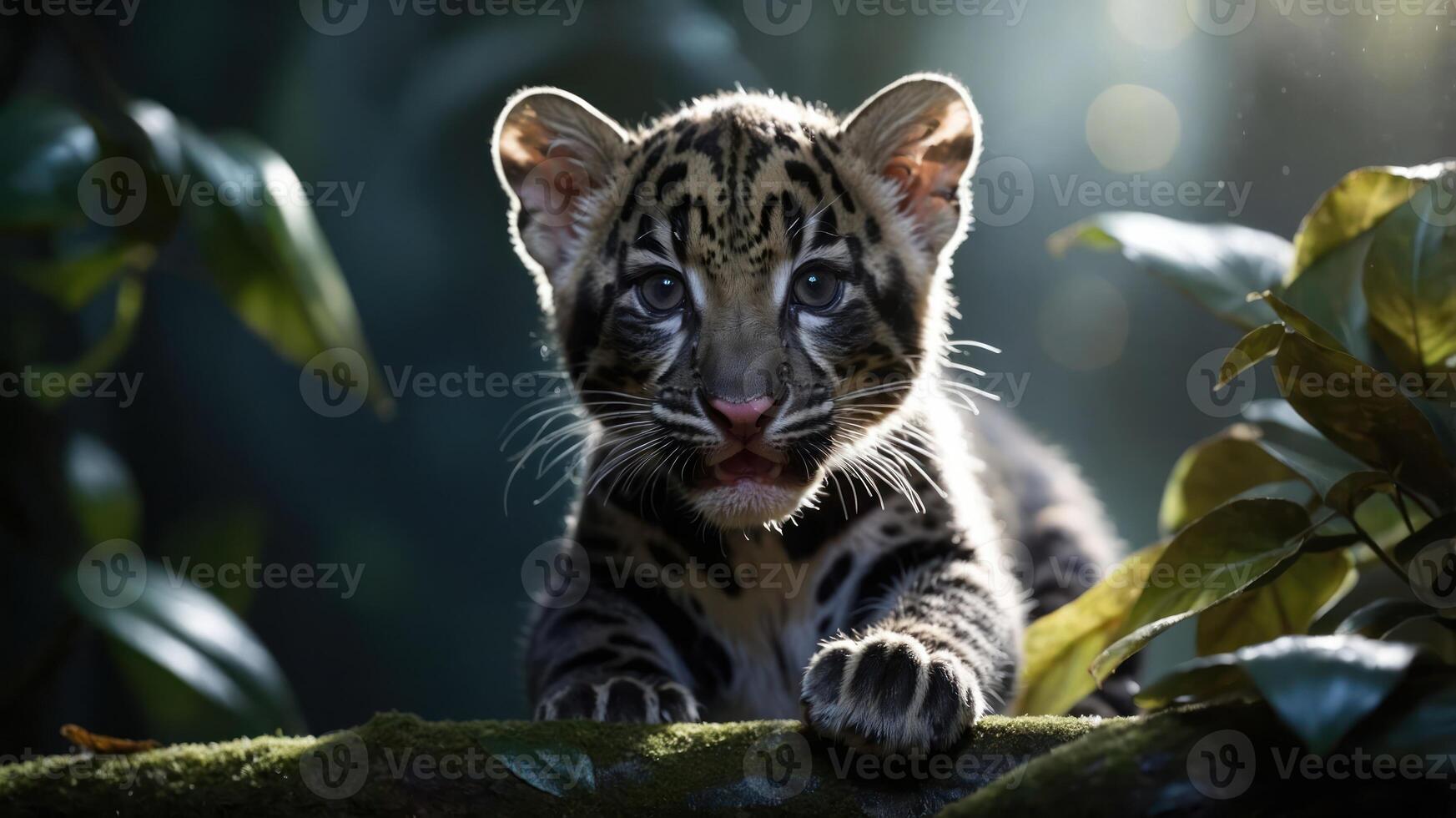 A playful young clouded leopard cub resting on a mossy branch in a lush, green environment. photo