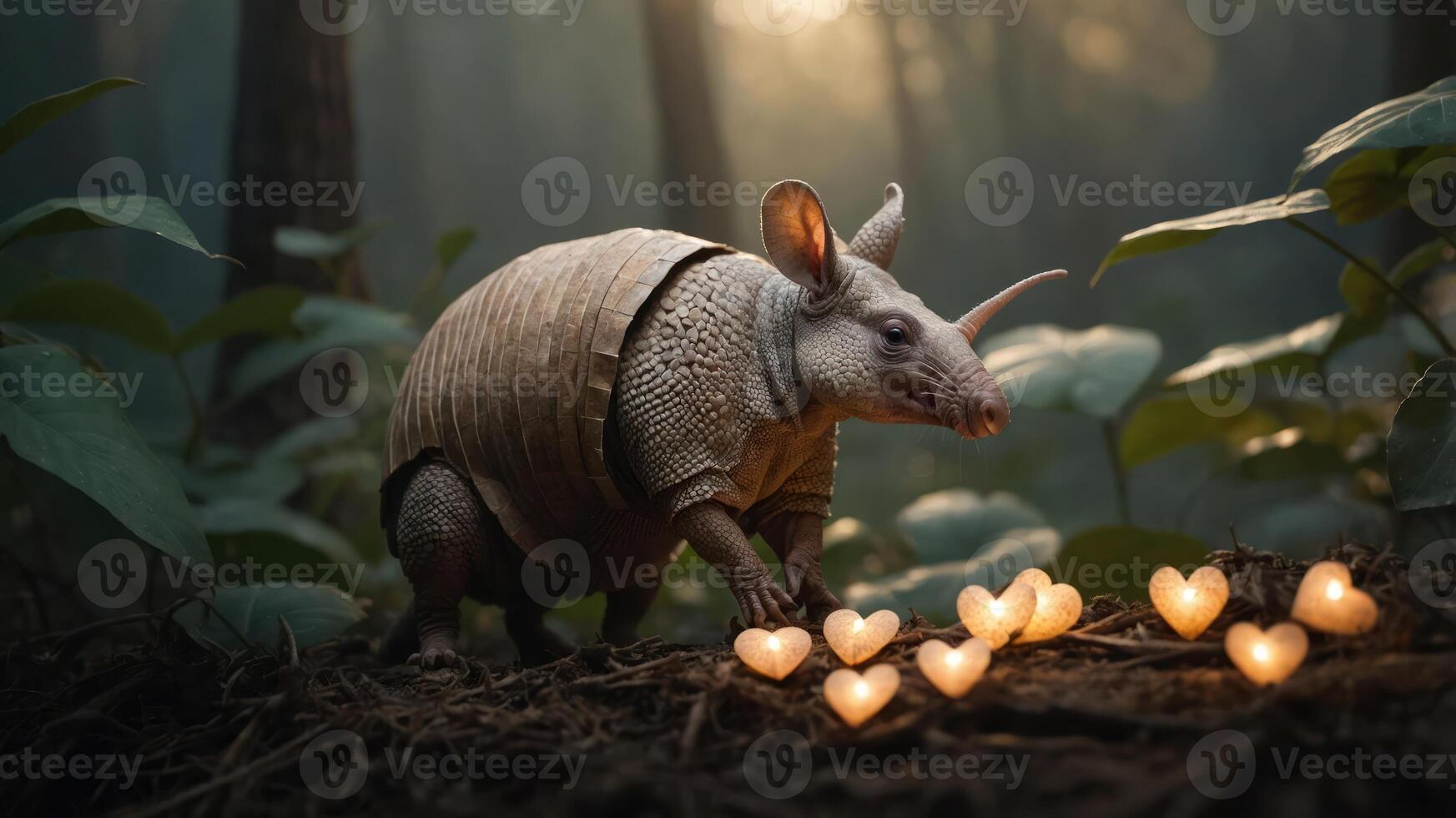 An armadillo surrounded by glowing heart-shaped lights in a serene forest setting. photo