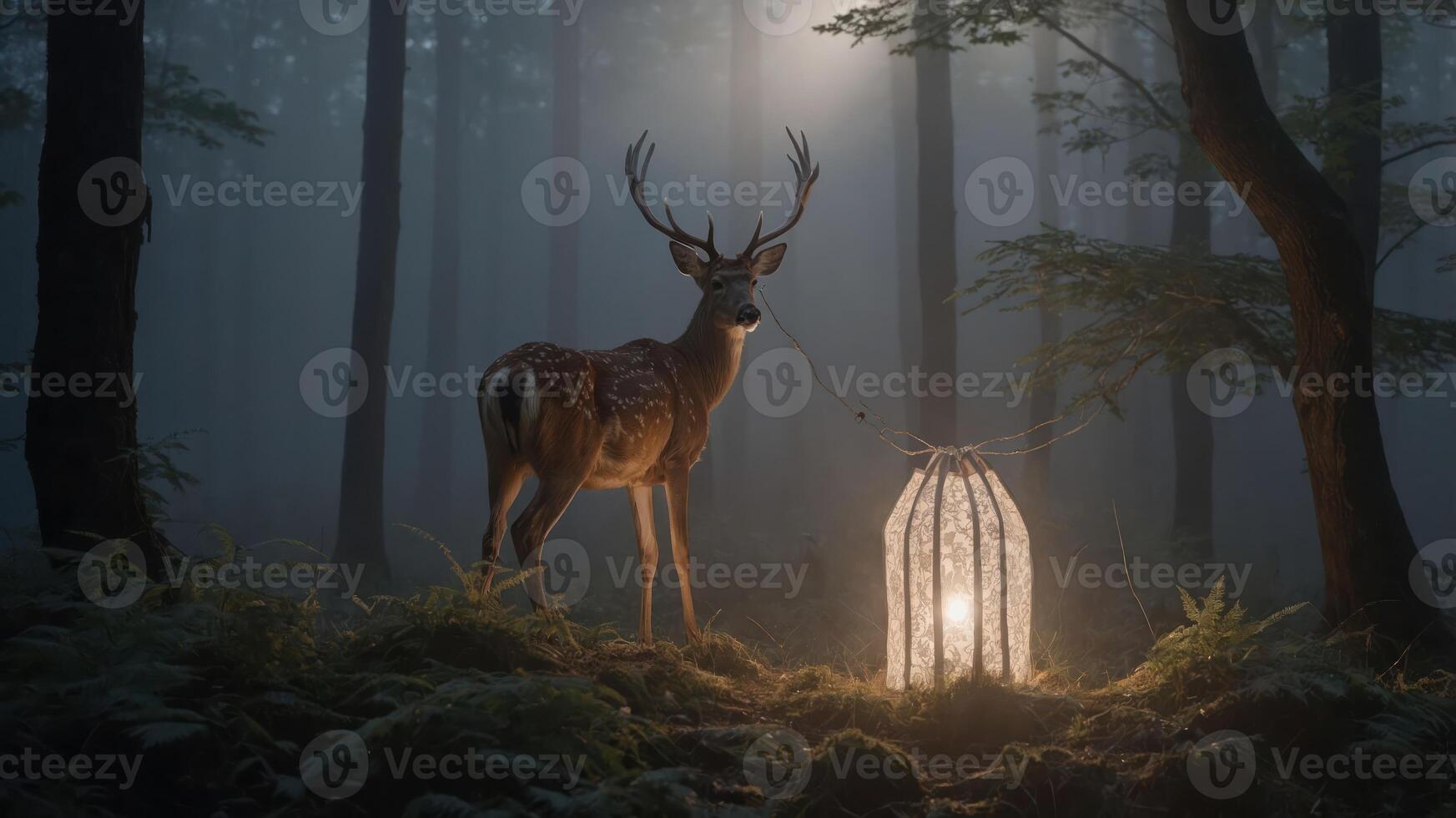 A deer stands in a misty forest beside a glowing lantern, creating a mystical atmosphere. photo