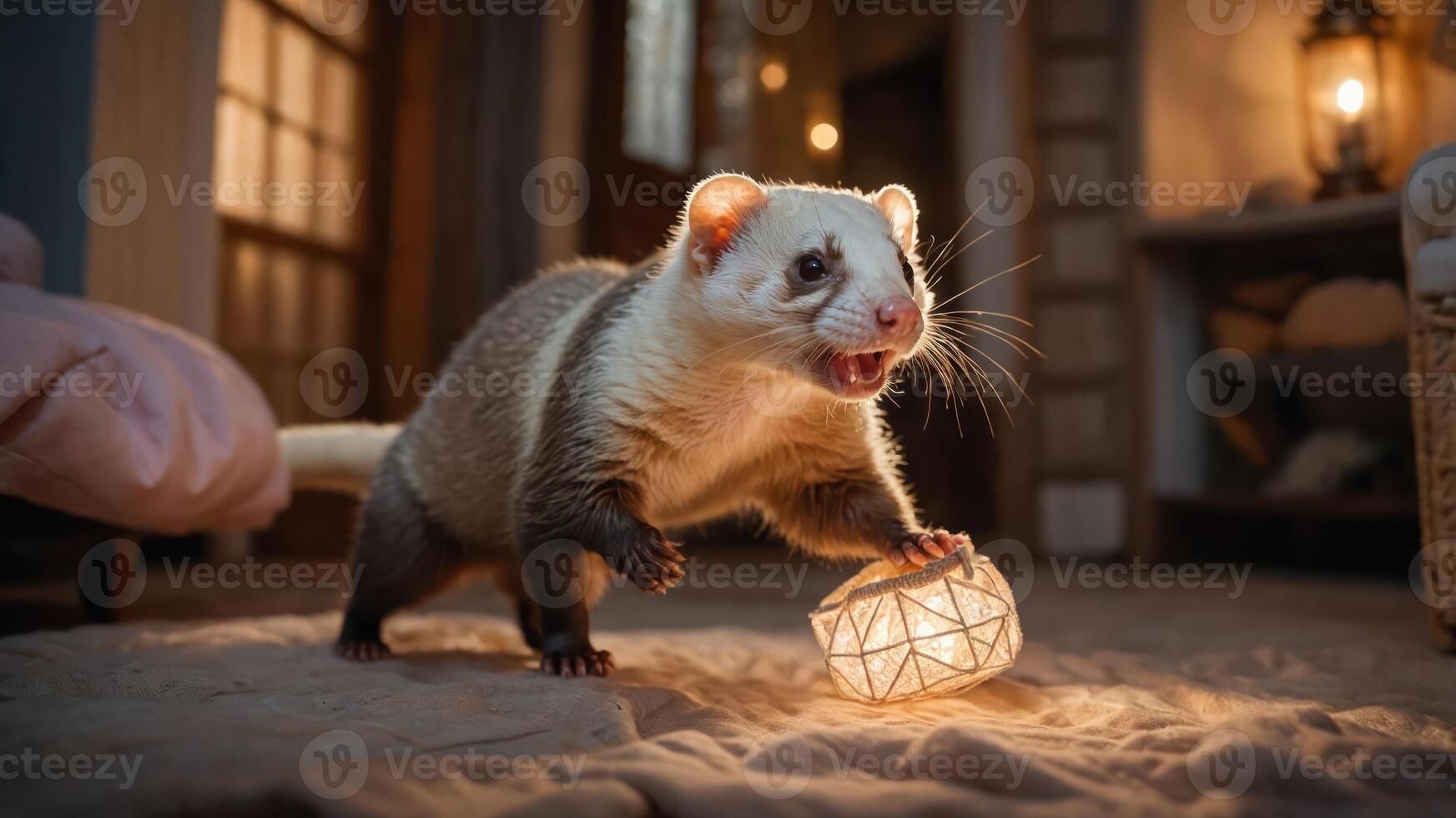 A playful ferret holding a lantern in a cozy, warmly lit indoor setting. photo