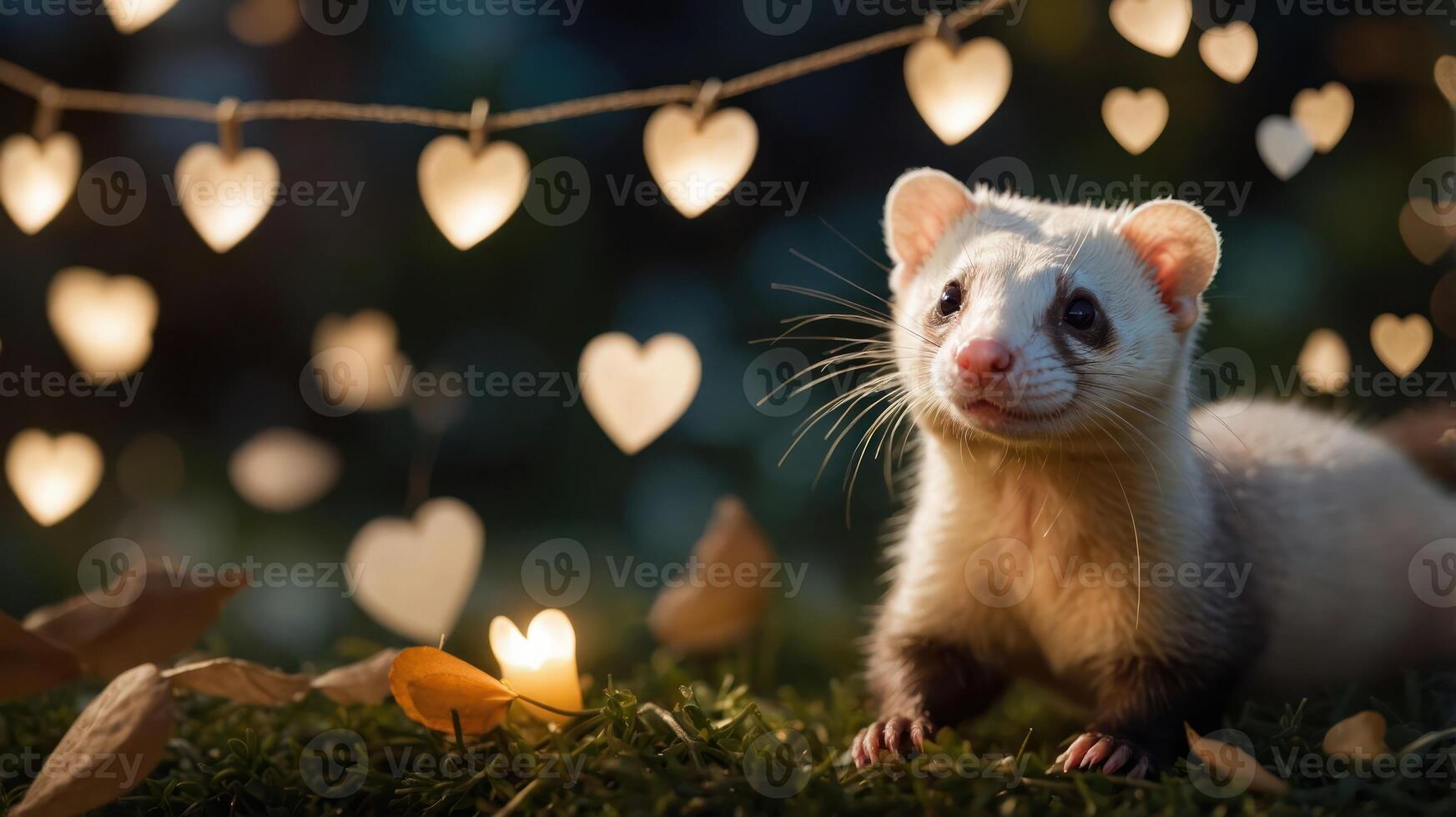A ferret poses playfully in a softly lit environment with heart decorations. photo