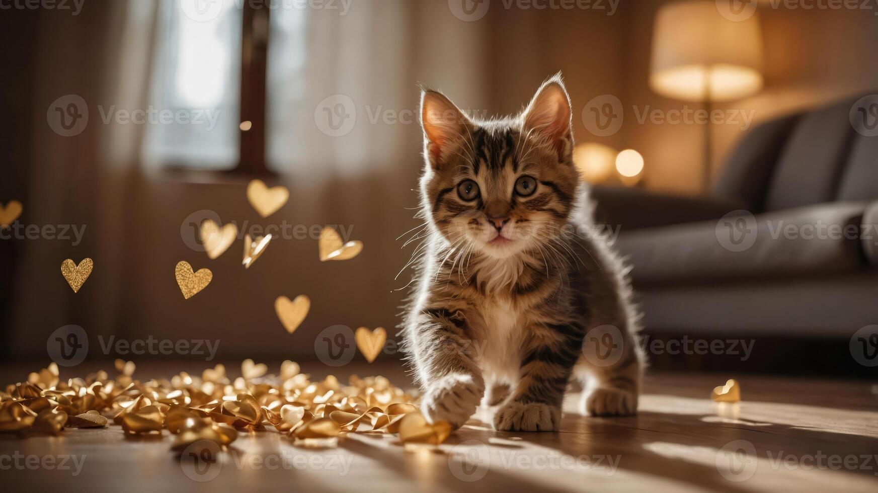 A playful kitten walks through a room sprinkled with golden heart-shaped confetti. photo