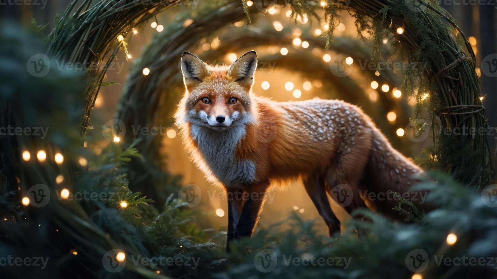 A fox stands in a magical forest setting adorned with glowing lights. photo