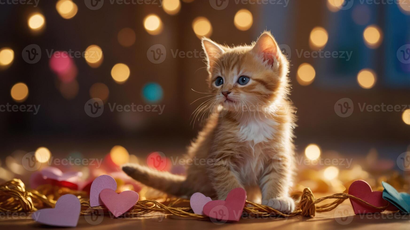 A cute orange kitten surrounded by heart decorations and soft bokeh lights. photo