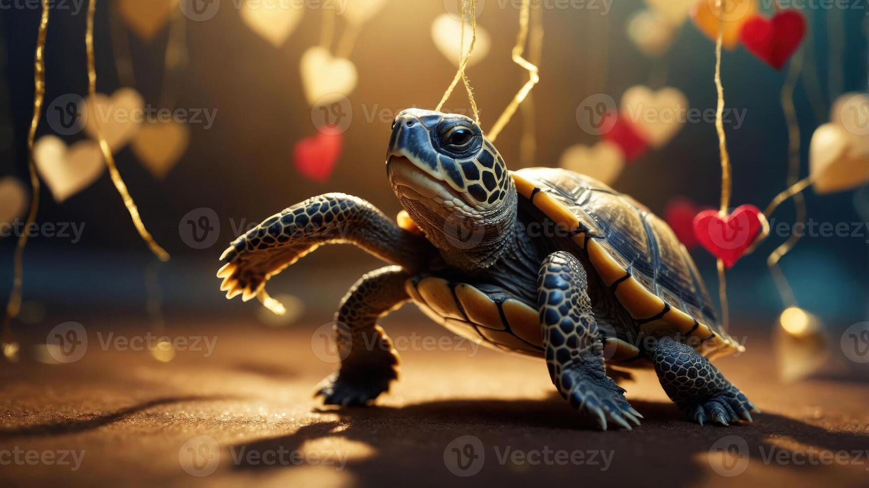 A turtle poses amidst hanging heart decorations, creating a whimsical, romantic atmosphere. photo