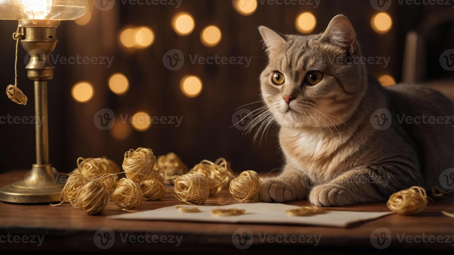 A relaxed cat surrounded by golden yarn balls and warm lights on a wooden table. photo