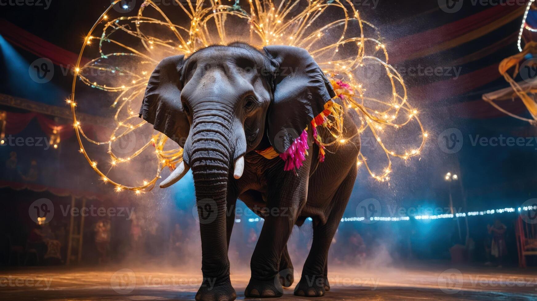An elephant performing in a circus, adorned with lights and decorations. photo
