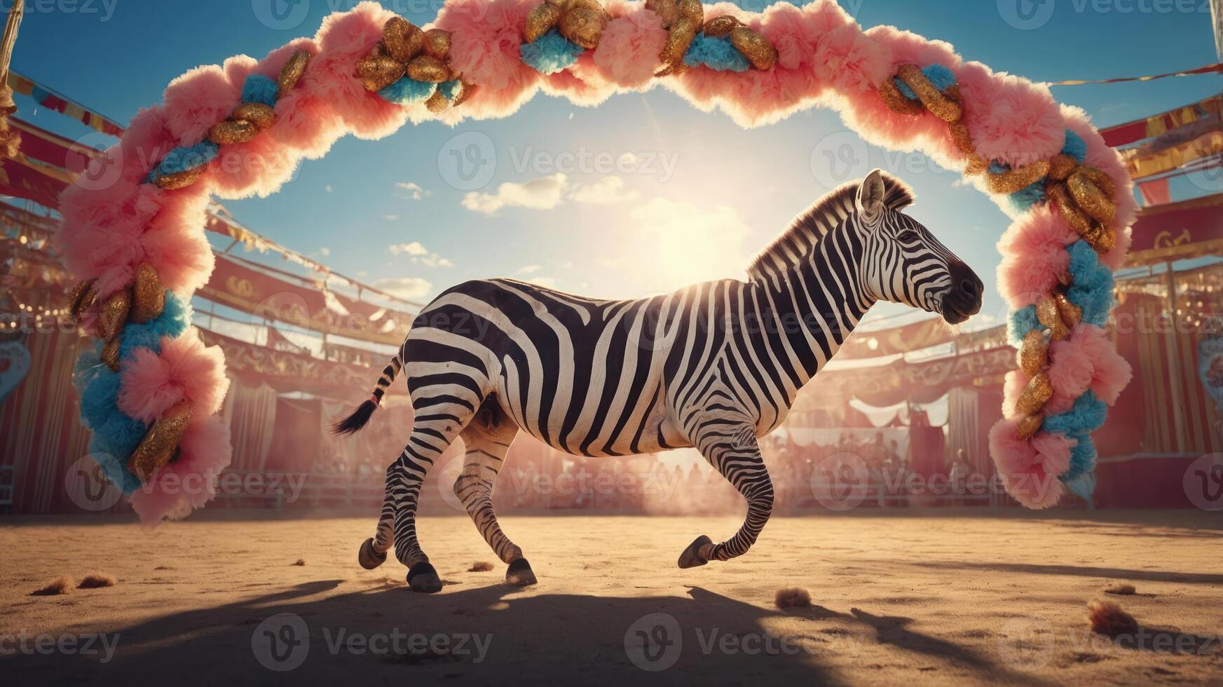 A zebra trots under a colorful arch in a circus-like setting during sunset. photo
