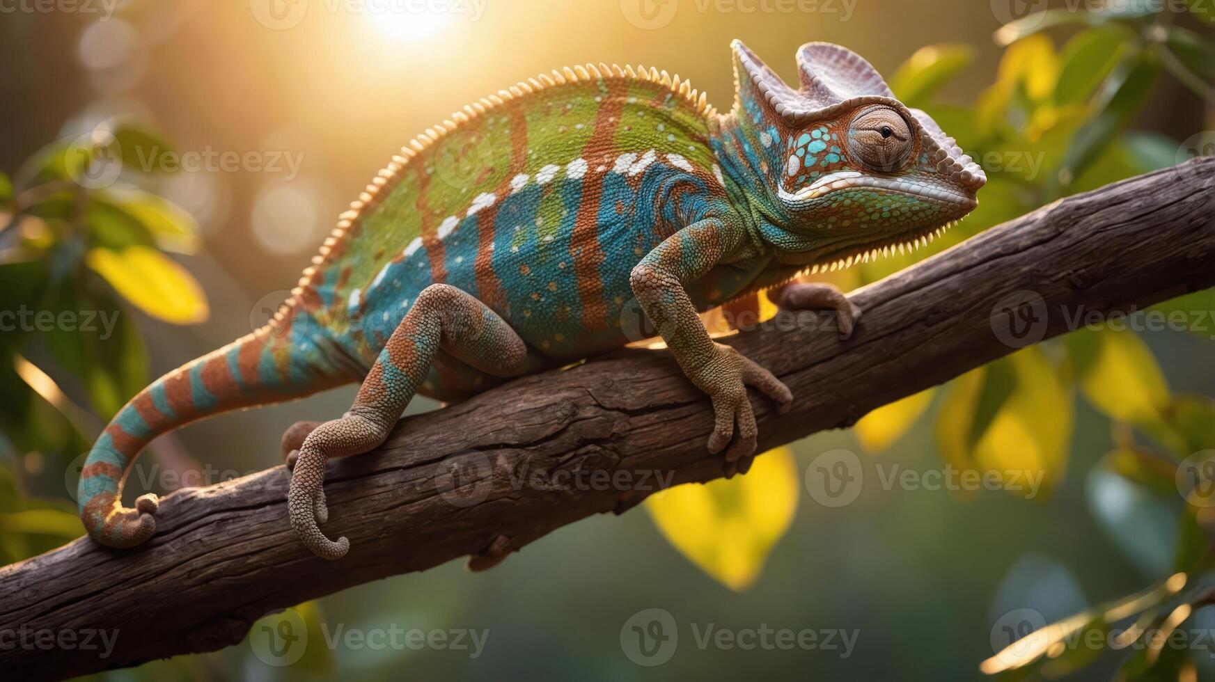 A vibrant chameleon resting on a branch amidst a natural setting. photo
