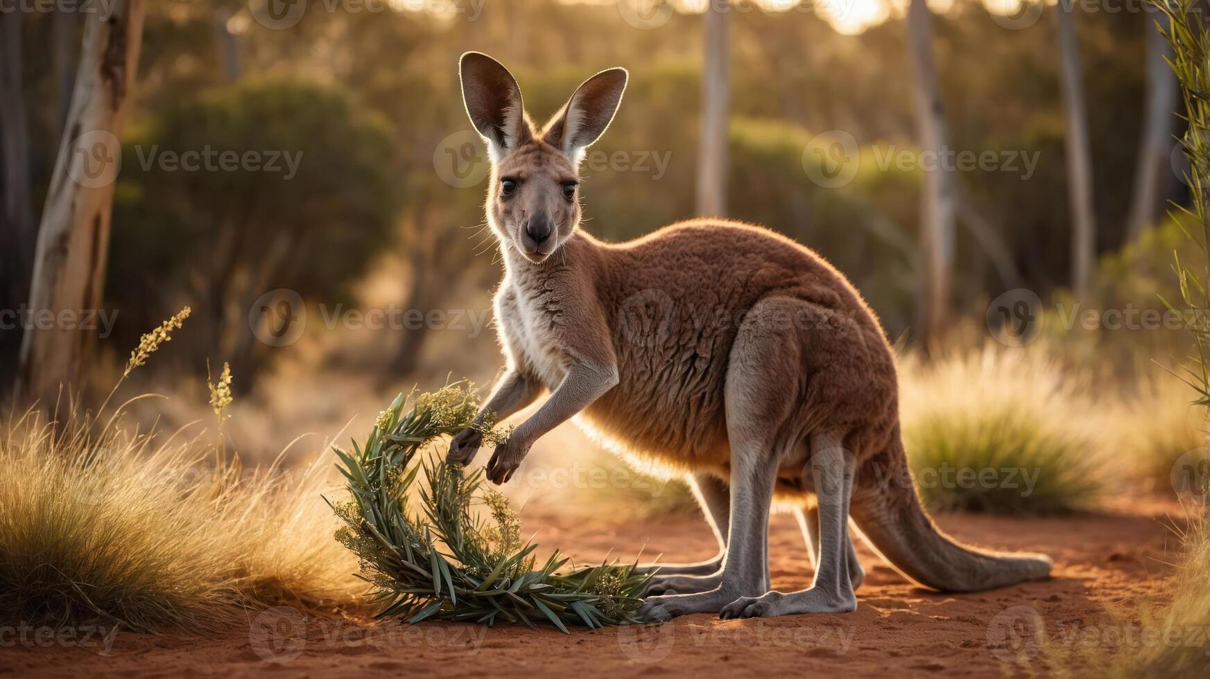 A kangaroo holding a green wreath in a sunlit Australian landscape. photo