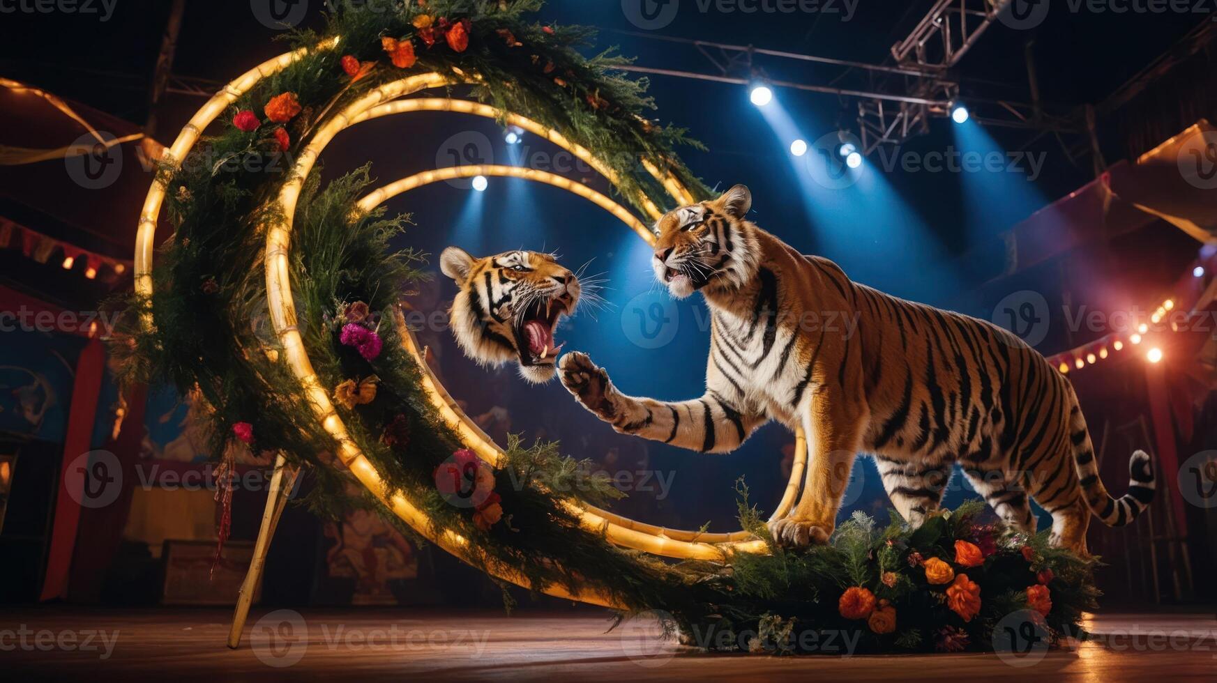 Two tigers performing in a circus setting with illuminated rings and floral decorations. photo