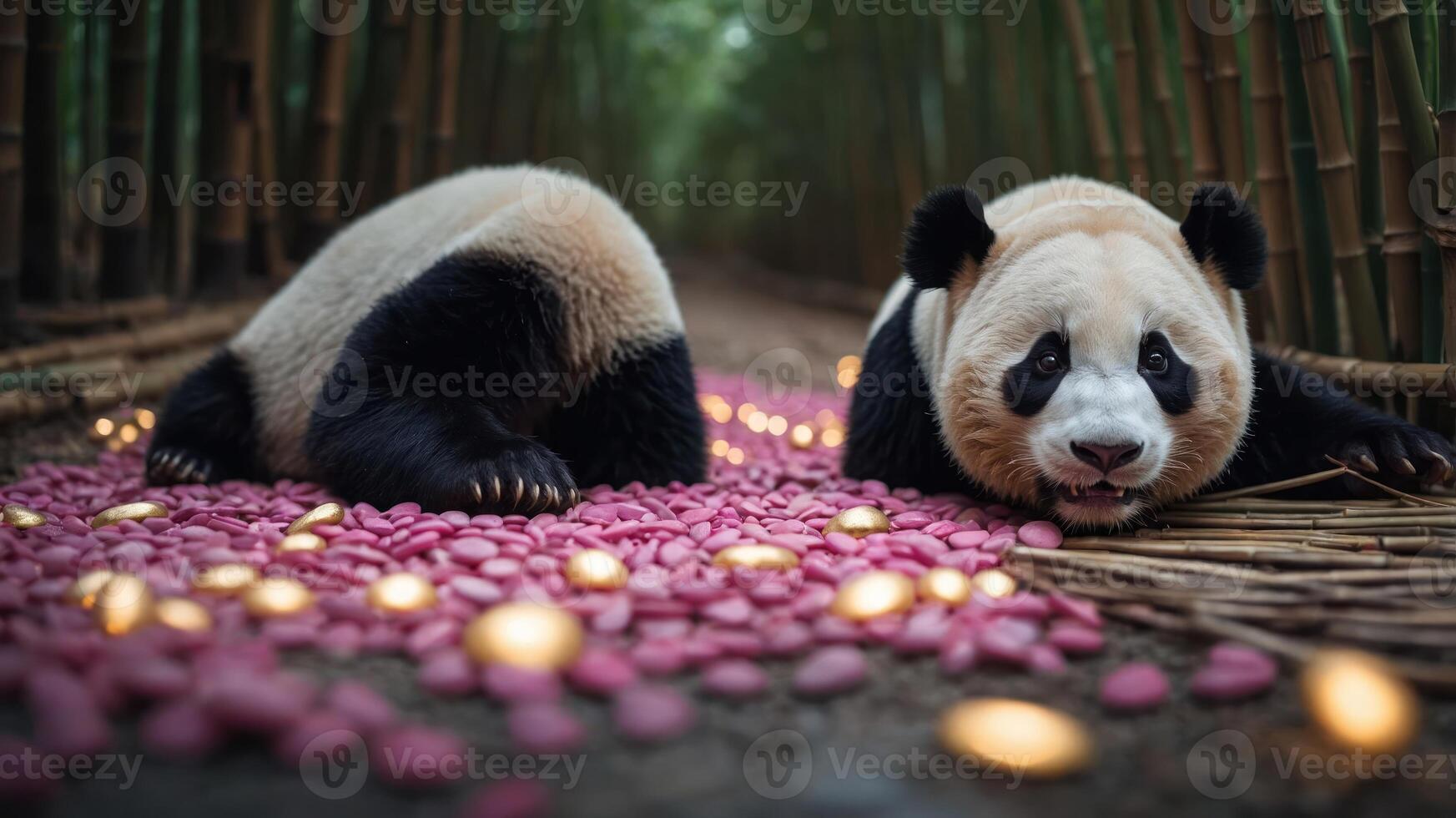 Two pandas resting on a path covered with pink petals and surrounded by bamboo. photo