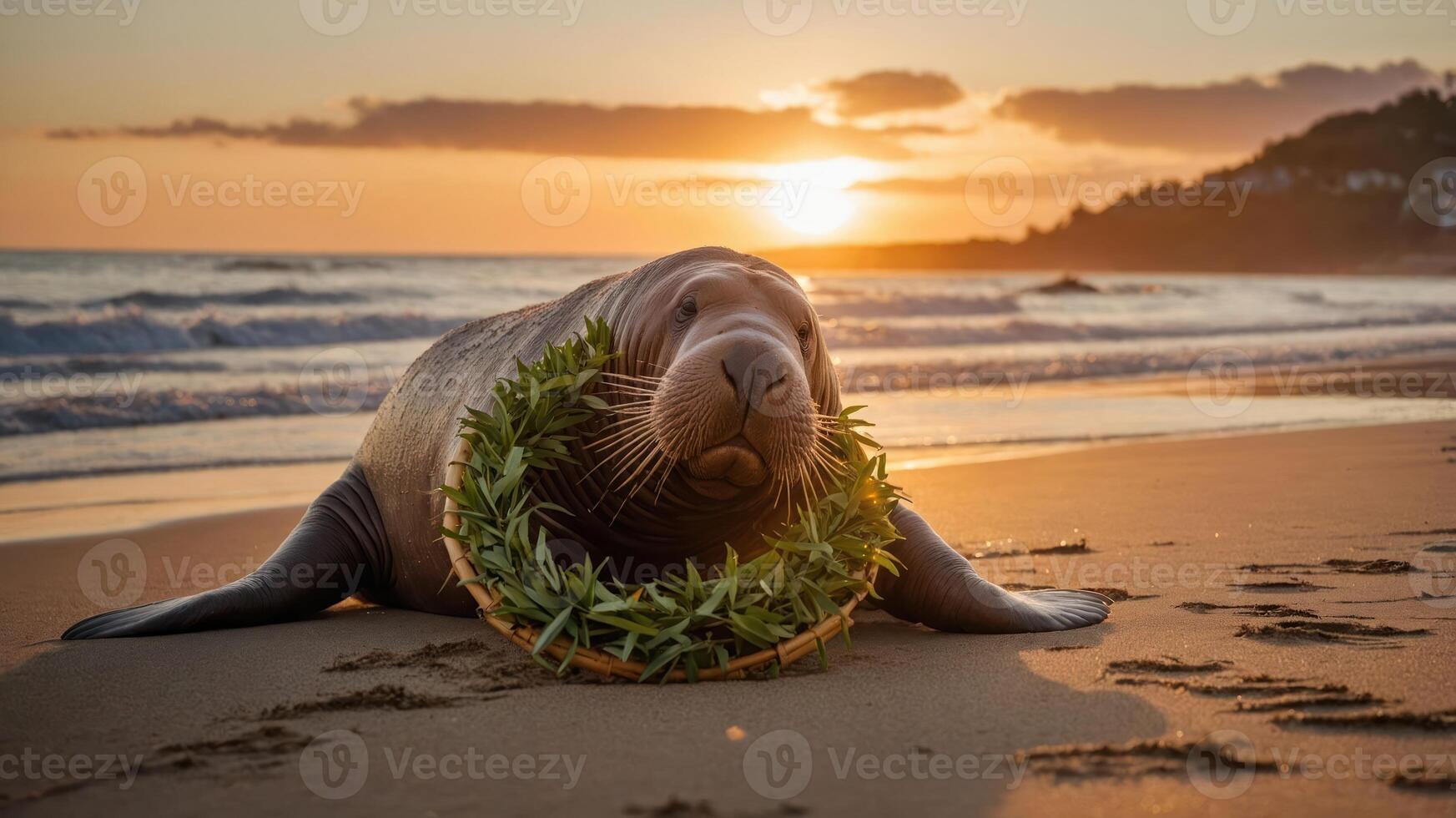 A seal resting on the beach at sunset, adorned with a wreath of leaves. photo