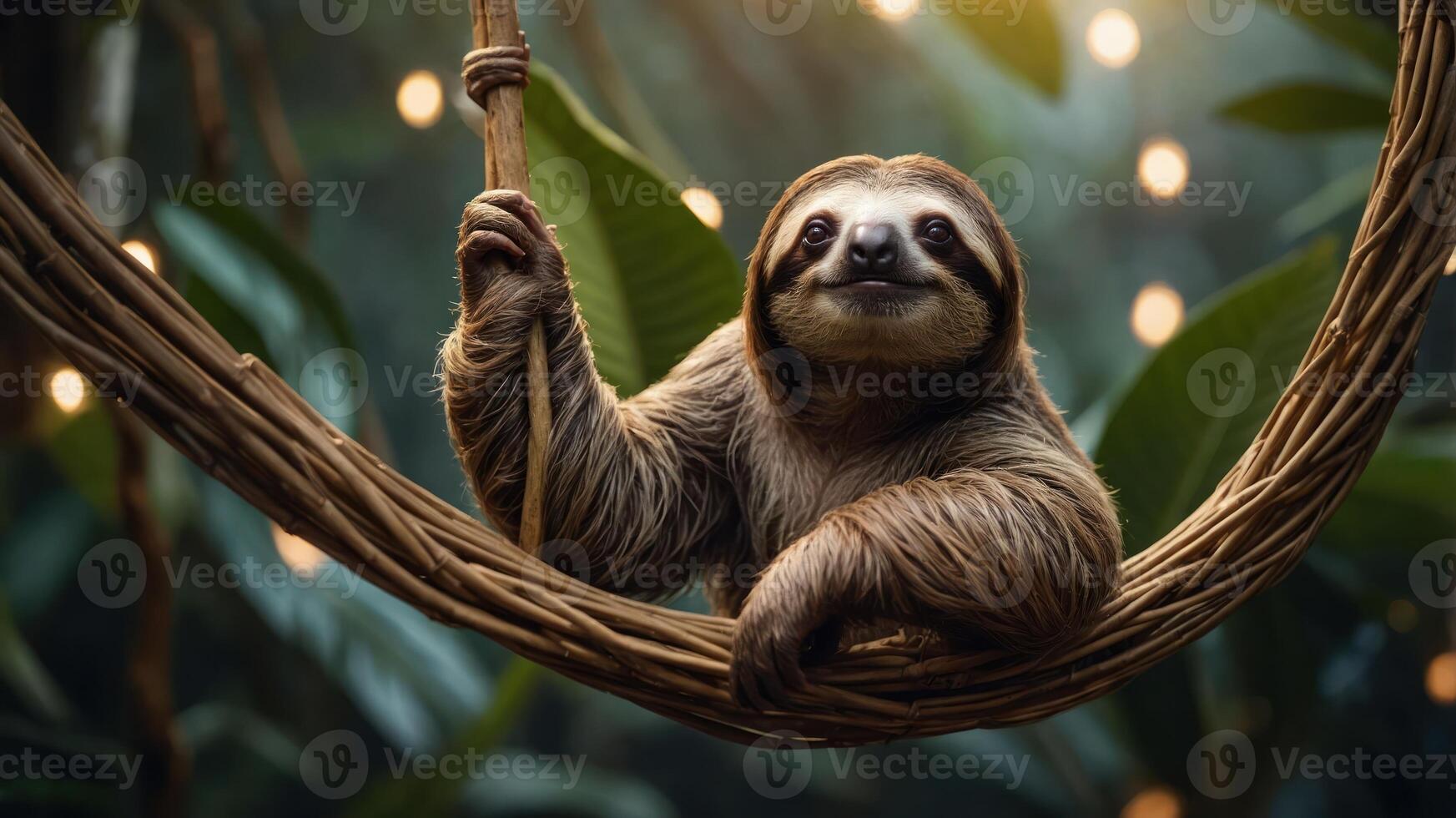 A sloth hanging from a woven branch in a lush, illuminated jungle setting. photo