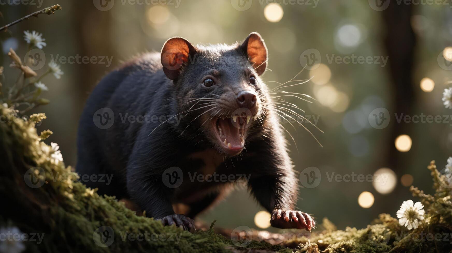 A fierce Tasmanian devil in a mystical forest setting, showcasing its unique features. photo