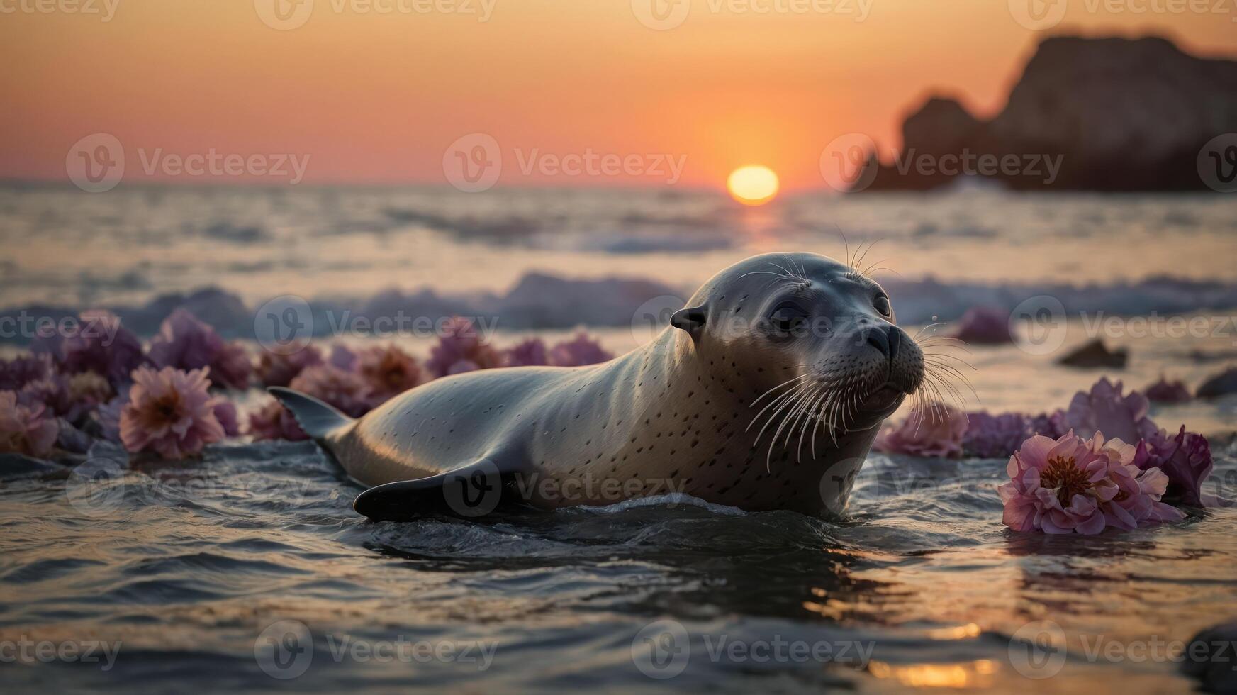 A seal surrounded by flowers at sunset on a beach, creating a serene and picturesque scene. photo