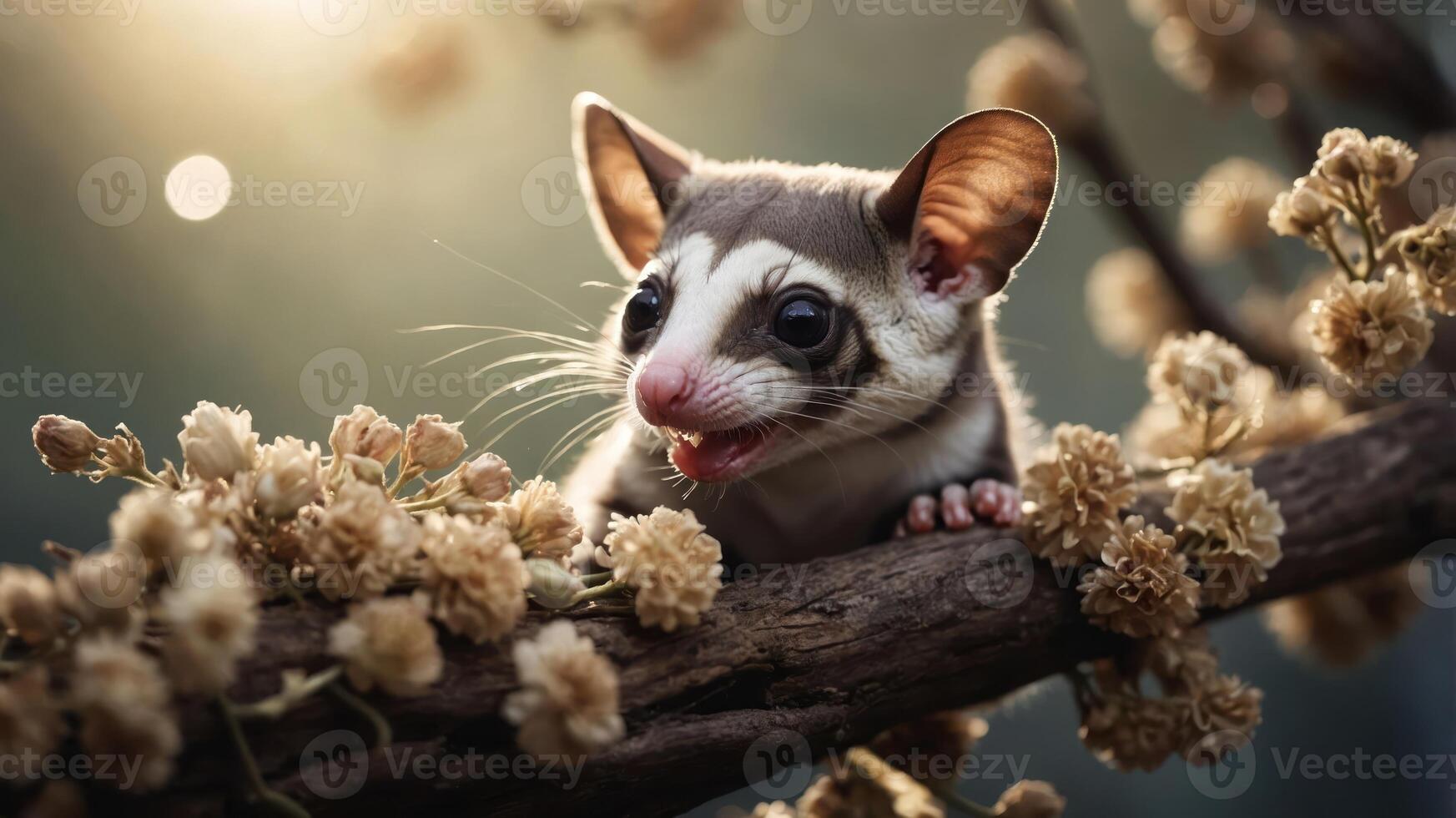 A cute marsupial perched on a branch surrounded by flowers in soft, natural lighting. photo