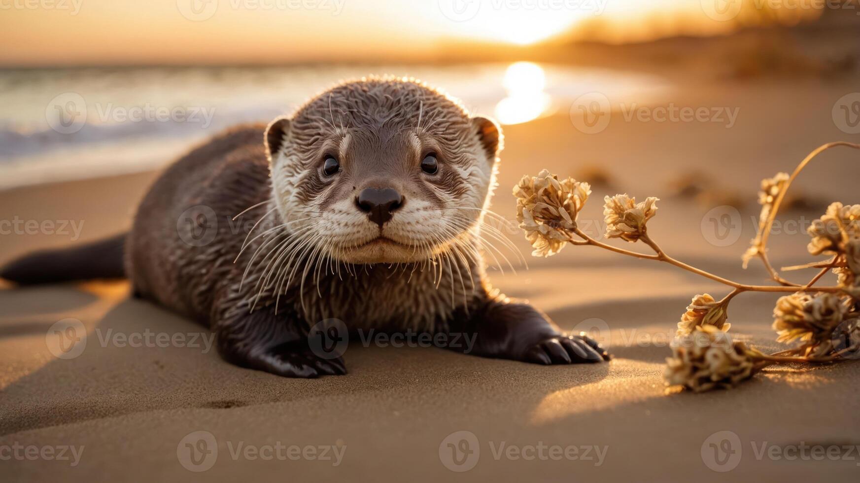 A playful otter on a sandy beach at sunset, showcasing nature's beauty. photo