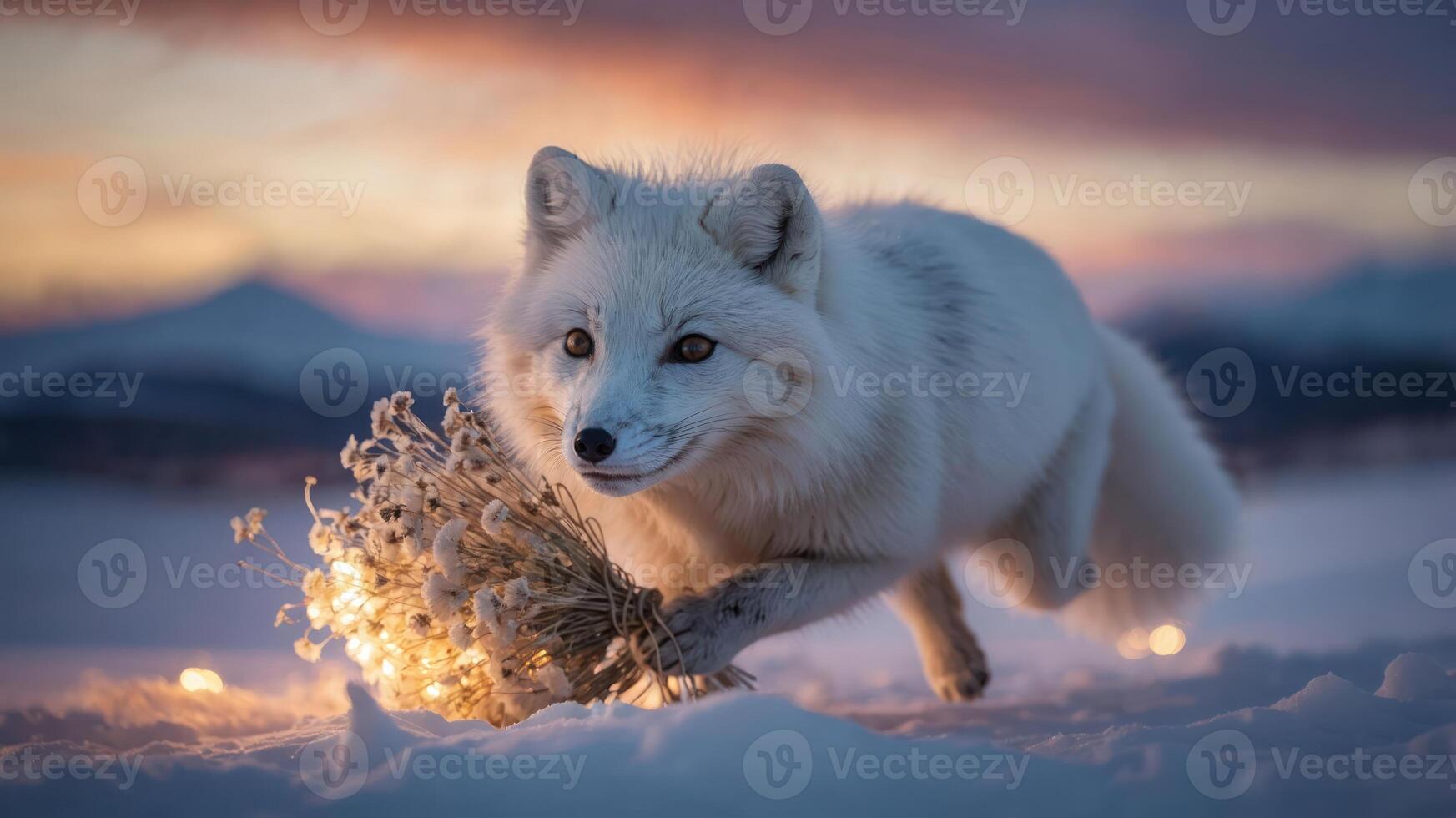 A playful arctic fox running through the snow with a bouquet of flowers and lights. photo