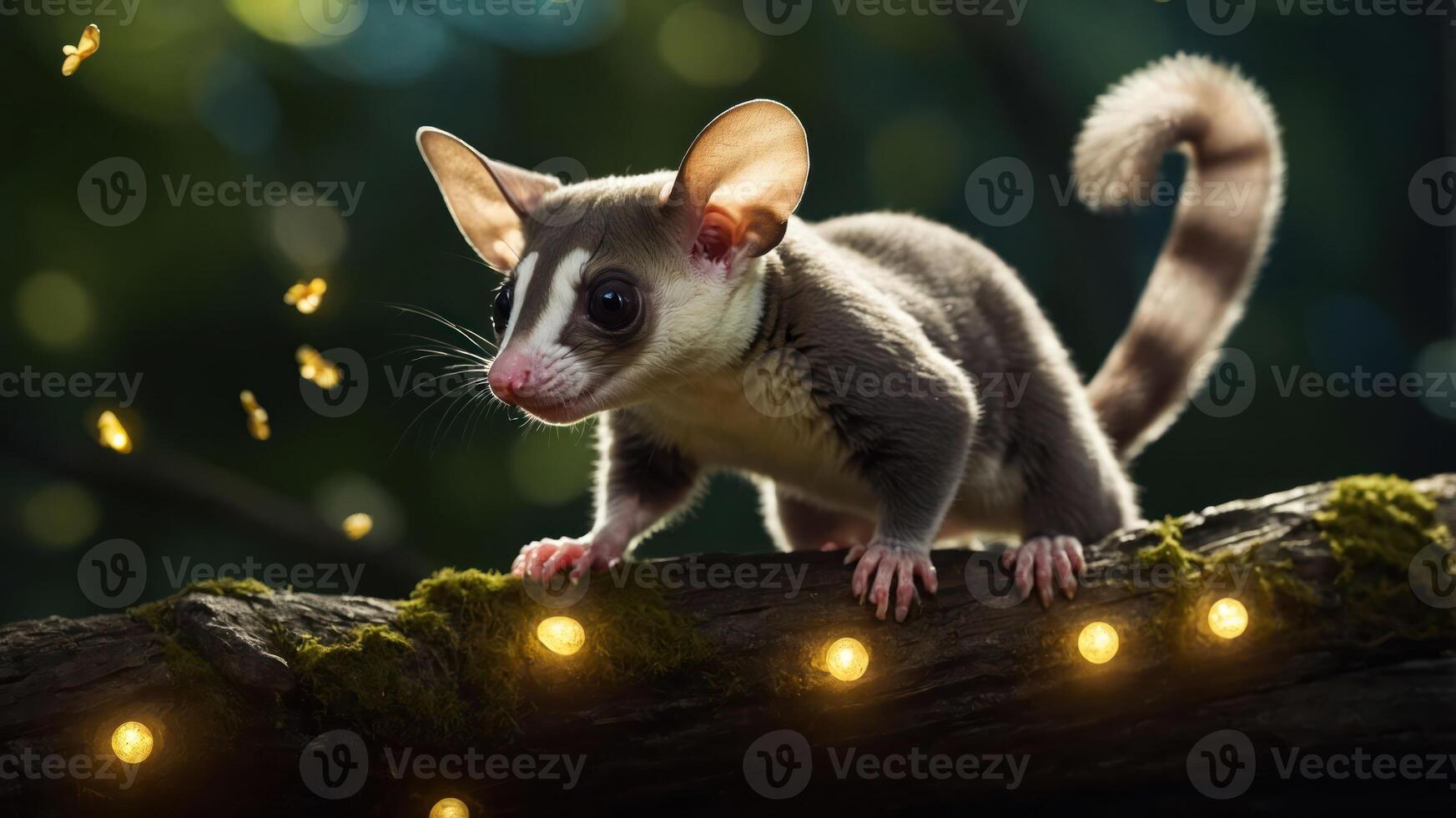 A sugar glider perched on a mossy branch amidst glowing lights in a forest setting. photo