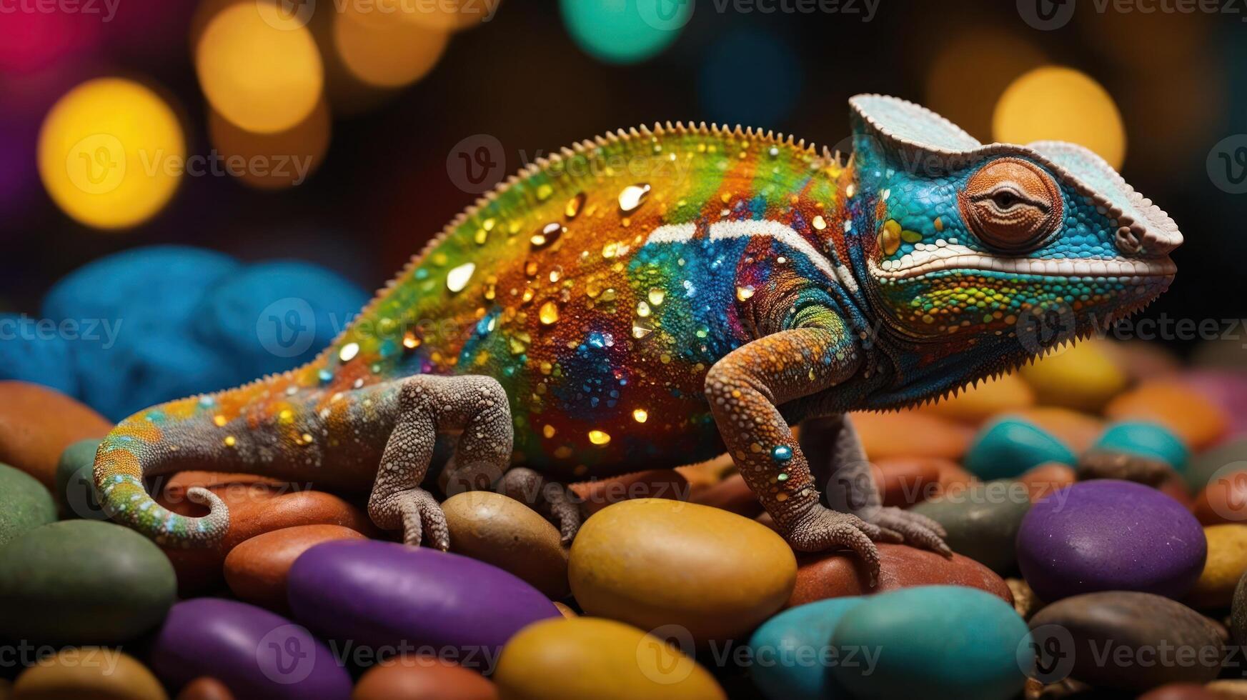 A vibrant chameleon on colorful stones, showcasing its unique patterns and hues. photo