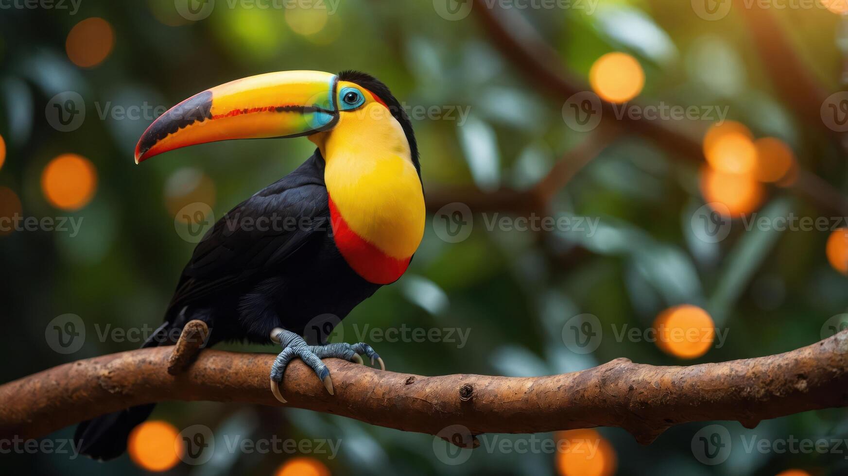 A colorful toucan perched on a branch against a blurred green background. photo