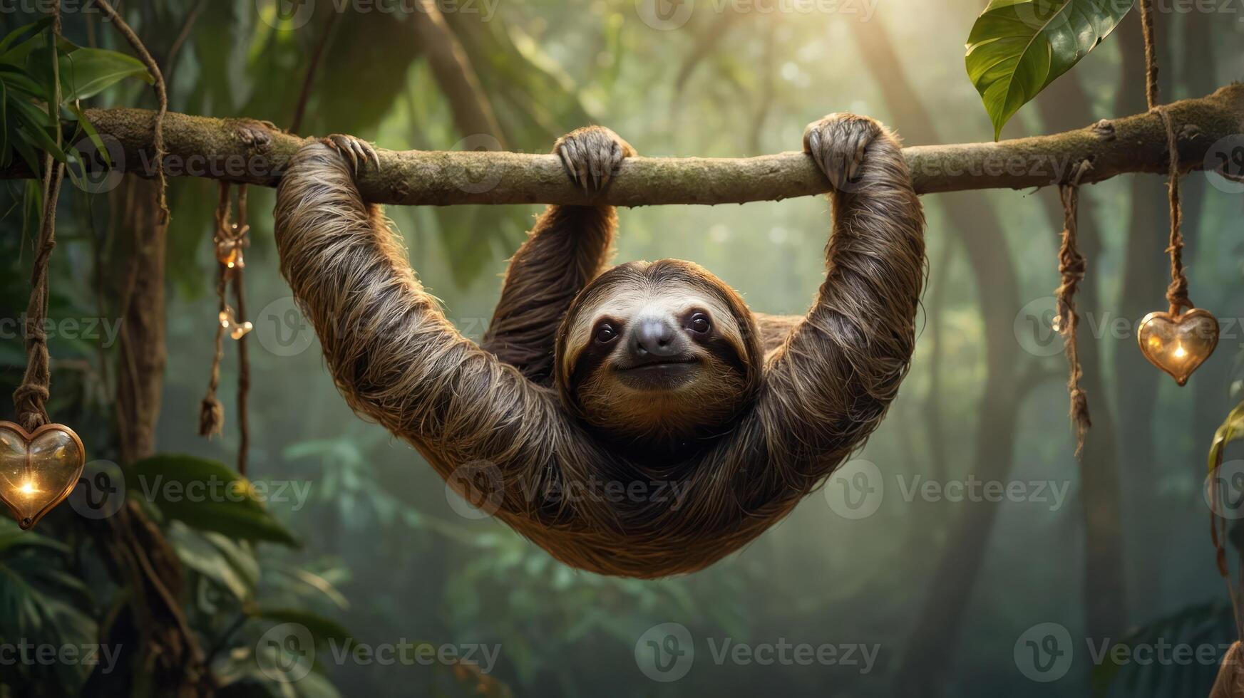 A sloth hangs playfully from a branch in a lush, sun-drenched jungle. photo